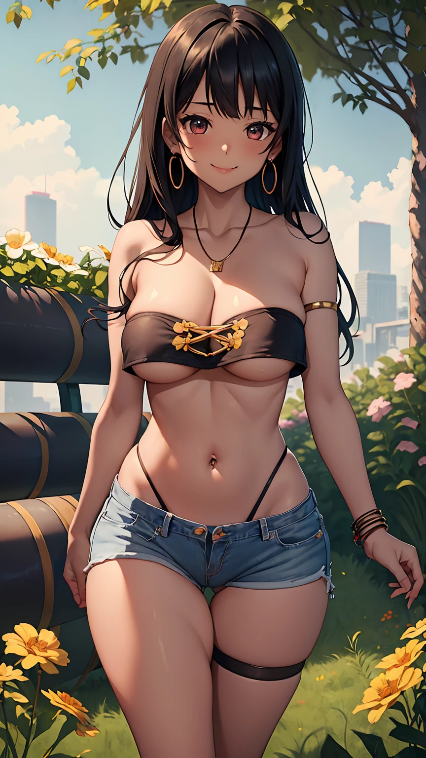 1girl, anime girl, anime, (dark skin), bracelet, necklace, earrings, 2d girl, 18y, (fullbody), anime girl, seductive smile, (black hair), flowing hair, hair flowing in the wind, ((white,tube top,strapless)), ((underboob view)), cleavage, Solo, Slim, Big Breasts, Tight Shorts, low waist shorts, upshorts, outdoors, night background, flowers, looking at viewer, darker shadows, (((Wedgie))), (((explicit))), (((black shorts, (((black jean shorts))), shorts color is black))), (((absurdres))), (((thigh gap))), NSFW, (((cameltoe))), (((lowleg shorts))), (((sexy))), (((sensual))), (((Detailed description vagina))), (((Tube Top))), (((Strapless)))