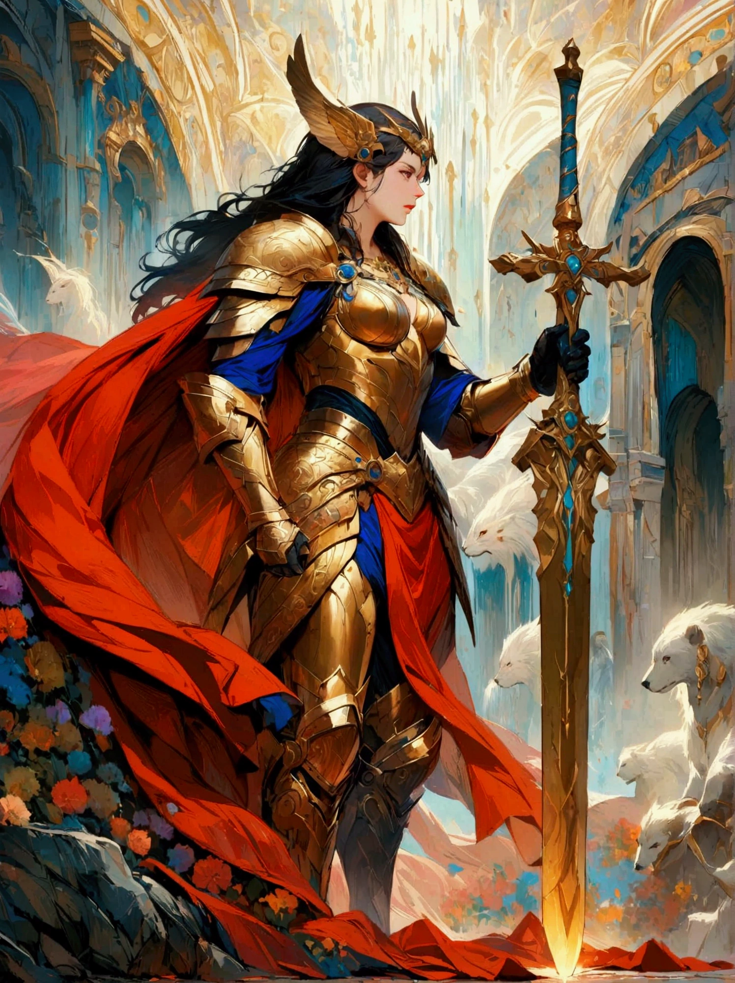 A majestic warrior, swathed in shimmering armor and brandishing a grand sword, is standing in the middle of an intense battle. This scene takes inspiration from the key elements of Gustav Klimt's celebrated golden era. The composition is vibrant and lively, with bold strokes. The palette of colors used are intense, and they beautifully illustrate the raw strength and unwavering spirit of the warrior. This digital painting, employs a myriad of digital techniques, giving it a soft and delicate quality that adds an otherworldly charm to the tumultuous battlefield. Be engrossed in this enthralling world of high fantasy, where lore is crafted and champions vie. Admire the complex adornment of the warrior's armors, the shining edge of the blade, and the active energy of the battle happening before you. Every stroke of this digital work of art catapults you to a universe where bravery and determination are the order of the day.