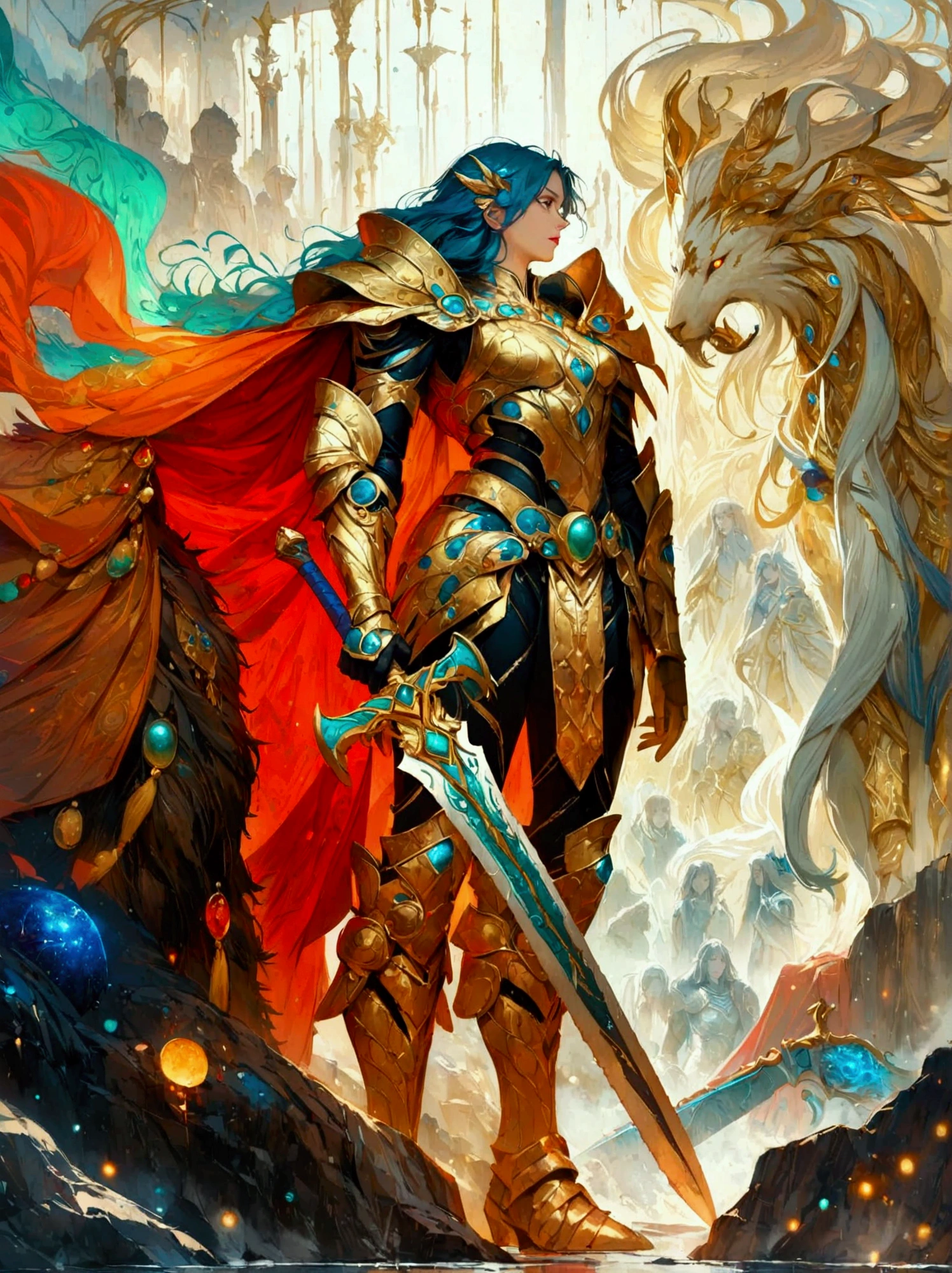 A majestic warrior, swathed in shimmering armor and brandishing a grand sword, is standing in the middle of an intense battle. This scene takes inspiration from the key elements of Gustav Klimt's celebrated golden era. The composition is vibrant and lively, with bold strokes. The palette of colors used are intense, and they beautifully illustrate the raw strength and unwavering spirit of the warrior. This digital painting, employs a myriad of digital techniques, giving it a soft and delicate quality that adds an otherworldly charm to the tumultuous battlefield. Be engrossed in this enthralling world of high fantasy, where lore is crafted and champions vie. Admire the complex adornment of the warrior's armors, the shining edge of the blade, and the active energy of the battle happening before you. Every stroke of this digital work of art catapults you to a universe where bravery and determination are the order of the day.