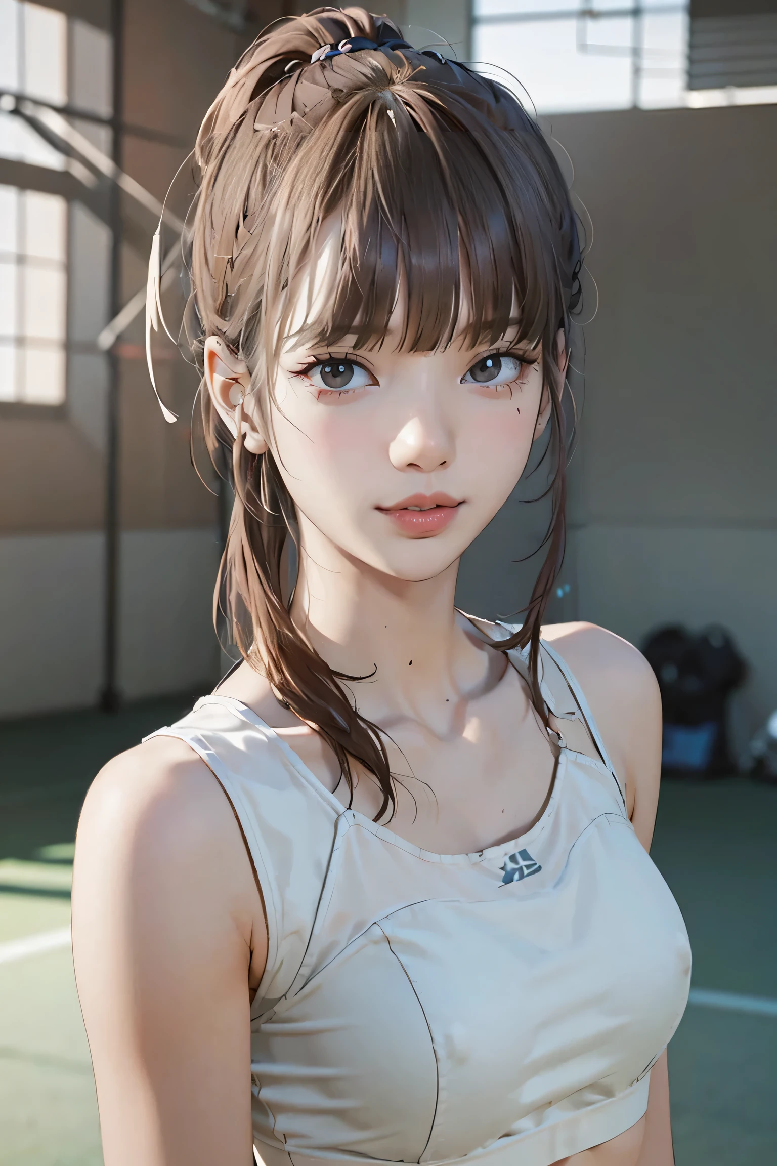 Official Art, unity 8k wallpaper, Very detailedな, masterpiece, Highest quality, 1 female, (Very detailed),(RAW Photos、Highest quality)、(Realistic、Photorealistic:1.3)、Attention to detail、Very detailed complex 3D rendering of a face、(Very detailed肌:1.2)、Dynamic Angle, Fire glow effect, Professional Lighting, Side light, Cinematic Light, Ultra-high resolution, 8k , Film Grain,Best Shadow, Particles of light, Fine skin, Detailed face, Intricate details, Very detailedな, Shine, please remember、whole body, Tennis court、Beautiful Face、Blurred Background、18 year old beautiful girl、Shine Skin、Tennis uniform、White panties、