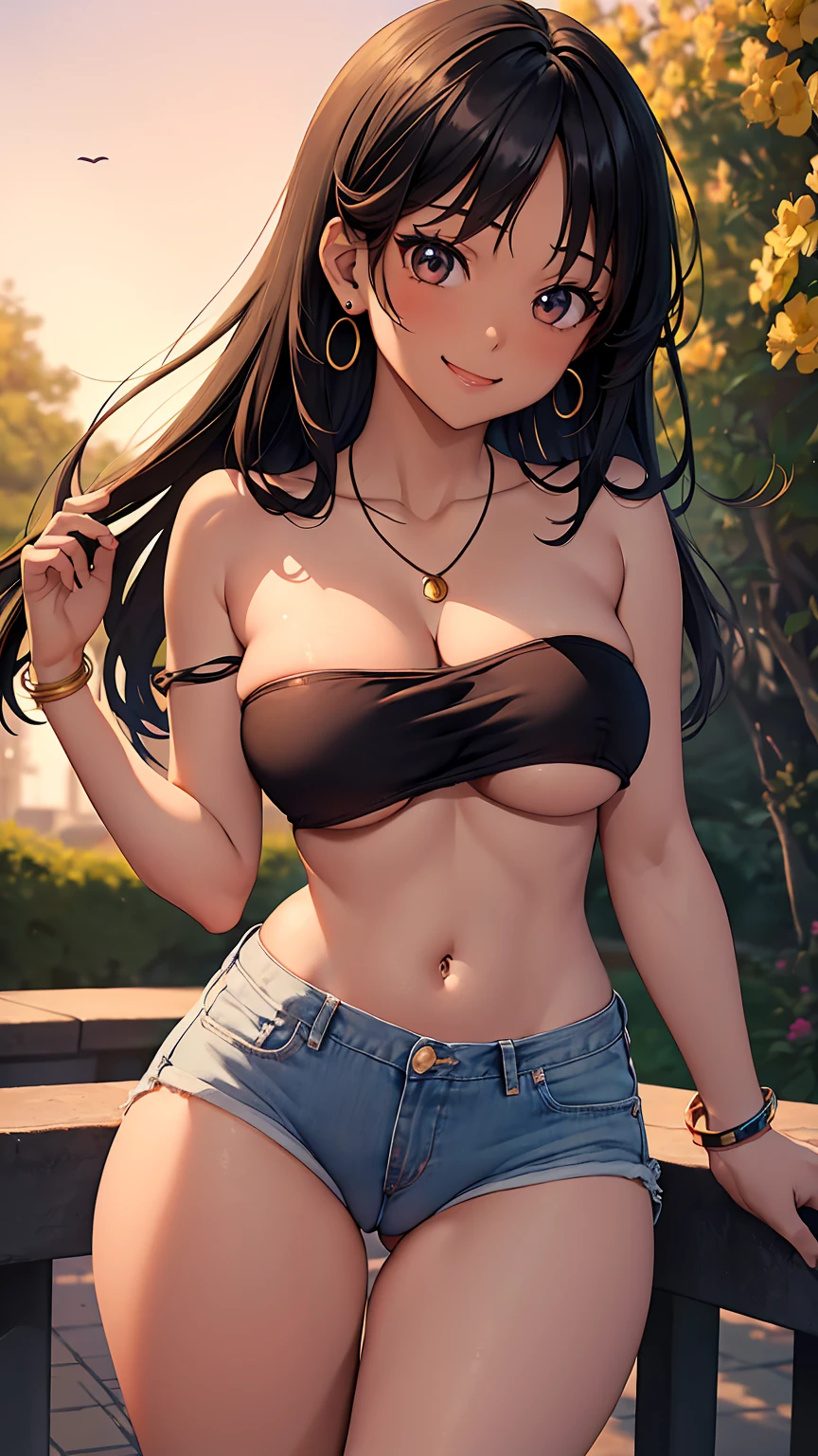 1girl, anime girl, anime, (dark skin), bracelet, necklace, earrings, 2d girl, 18y, (fullbody), anime girl, seductive smile, (black hair), flowing hair, hair flowing in the wind, ((white,tube top,strapless)), ((underboob view)), cleavage, Solo, Slim, Big Breasts, Tight Shorts, low waist shorts, upshorts, outdoors, night background, flowers, looking at viewer, darker shadows, (((Wedgie))), (((explicit))), (((black shorts, (((black jean shorts))), shorts color is black))), (((absurdres))), (((thigh gap))), NSFW, (((cameltoe))), (((lowleg shorts))), (((sexy))), (((sensual))), (((Detailed description vagina))), (((Tube Top))), (((Strapless)))