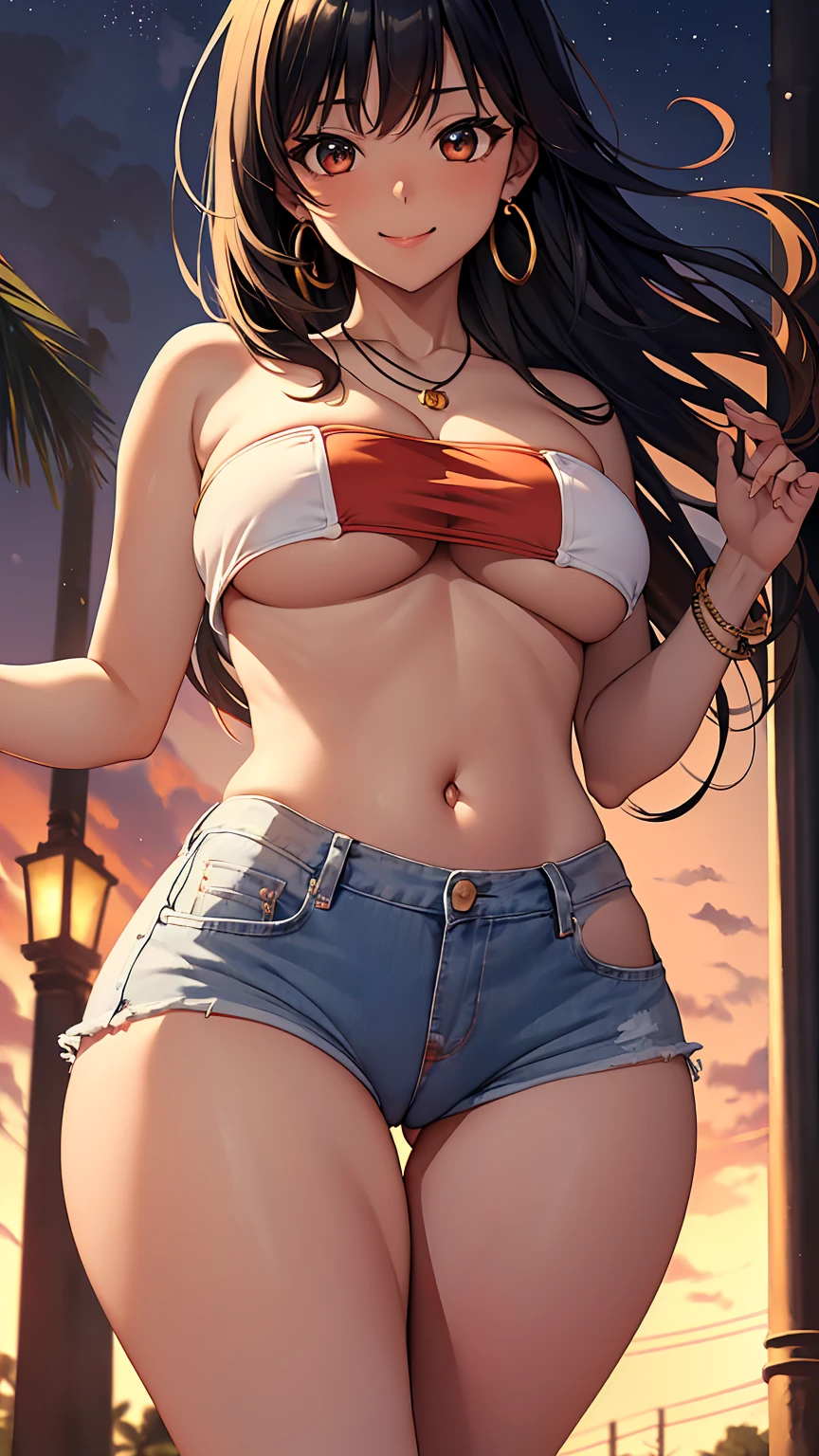 1girl, anime girl, anime, (dark skin), bracelet, necklace, earrings, 2d girl, 18y, (fullbody), anime girl, seductive smile, (black hair), flowing hair, hair flowing in the wind, ((white,tube top,strapless)), ((underboob view)), cleavage, Solo, Slim, Big Breasts, Tight Shorts, low waist shorts, upshorts, outdoors, night background, flowers, looking at viewer, darker shadows, (((Wedgie))), (((explicit))), (((black shorts, (((black jean shorts))), shorts color is black))), (((absurdres))), (((thigh gap))), NSFW, (((cameltoe))), (((lowleg shorts))), (((sexy))), (((sensual))), (((Detailed description vagina))), (((Tube Top))), (((Strapless)))