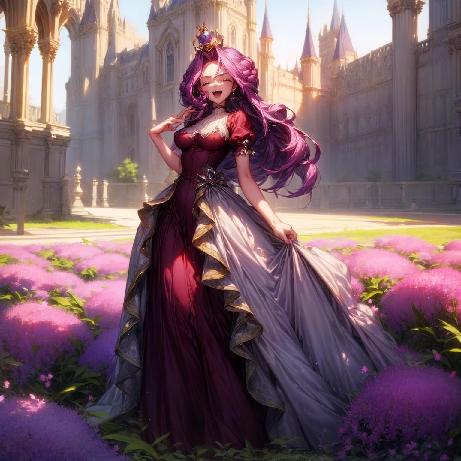 Solo character, full body version, detailed background, detailed clothing, detailed hair, detailed face detailed gesture, girl, purple eyes, lavender color hair, long haircut, long dress Victorian, red color dress, shoes, diamond earrings, outdoor, Castle park, sunlight, close eyes, happy, open mouth, laugh, standing gesture, big Breast, diamond crown