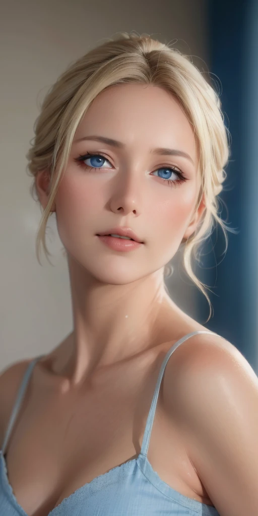 elegant mature woman, blonde, updo hair, blue eyes, soft light, 4k resolution, high detailed, high quality, beautiful cg