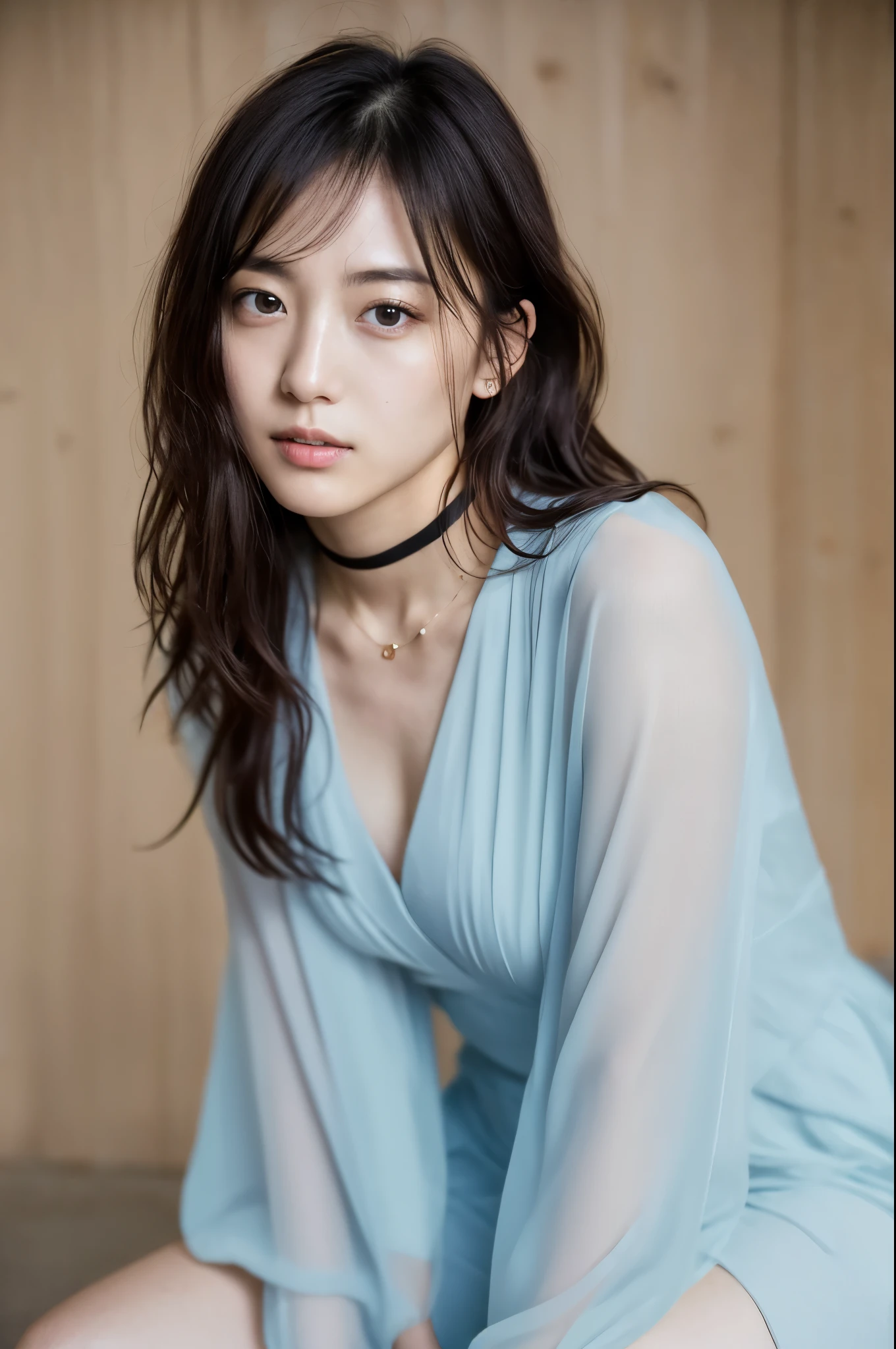 You are a professional photographer。Highest quality, masterpiece, Ultra-high resolution, (Realistic), Sit down and spread your legs、RAW Photos, Japanese Idols、Bob Hair、Whole Body Ezbian、choker、Highly detailed face and skin texture, Delicate eyes, double eyelid