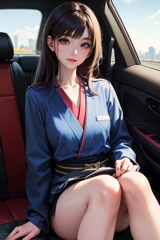 Top quality, Masterpiece, Super high res,(Photorealistic:1.4), Highly detailed, Professional lighting smile, Masterpiece, Top quality, Highly detailed, Octane rendering, Superior,(Japanese girl_woman:1.1), Japanese girl, Woman sitting in automobile, taking picture from distance, taking picture from distance, Uniform on upper body, Woman sitting in car, car door wide open, showing from inside car, pubic hair black, legs spread wide, crouching, female genitalia exposed