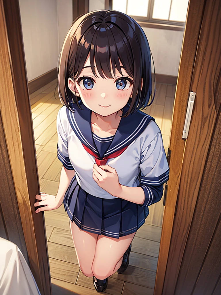 Highest quality、high resolution、Every detail、Short Hair、Sailor suit、indoor、whole body、younger sister、One person、smile、entrance