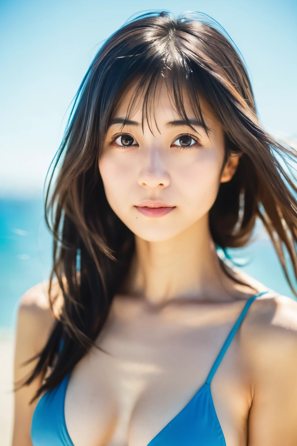 8k, highest quality, masterpiece, super high resolution, (realistic:1.4), RAW Photos, (Film Grain:1.3), One Girl, portrait of a skinny Japanese woman, 30 years old, standing on the beach, a cute face, detailed face, detailed eyes, {short|long} hair, correct body anatomy, wearing a bikini, photogravure