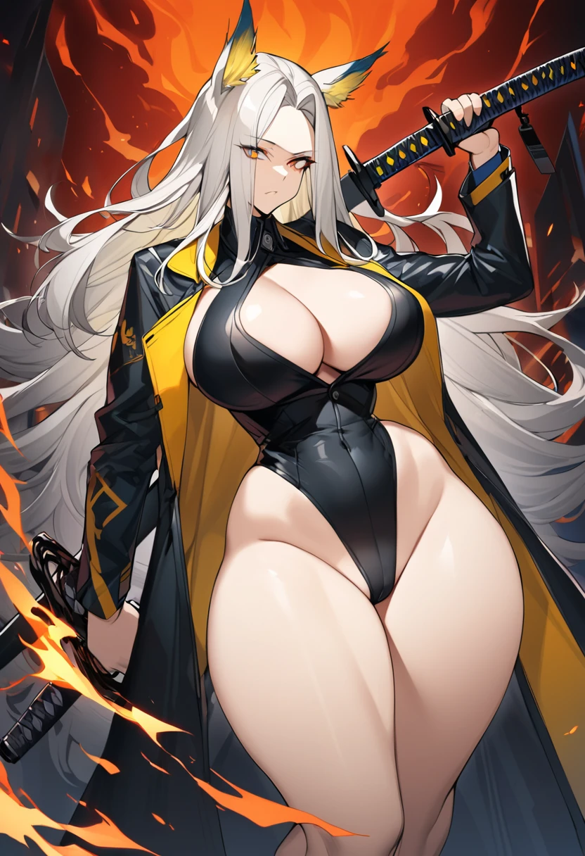 Hellagur(Arknights),grey hair,feather ears,curvy body,wearing original suit(half torn off),wielding big katana, big breast,big thighs,flame background,midnight setting,very nsfw, uncensored.