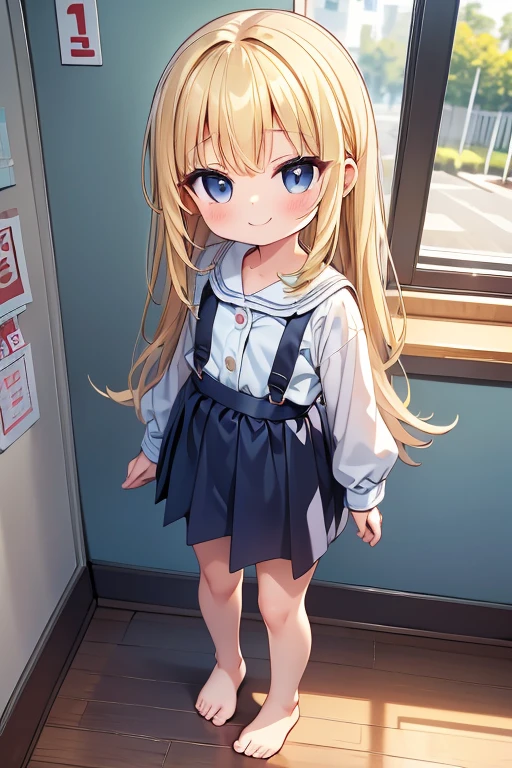 One person!!、Baby Face、Lori、smile、smile、((2 year old girl))、Long Hair、Blonde!、With bangs、small、((baby))、Big eyes、barefoot、black eye、cute、((Kindergarten clothes))、身長のsmall、体のsmall、Short legs、nursery school、Show the whole body、