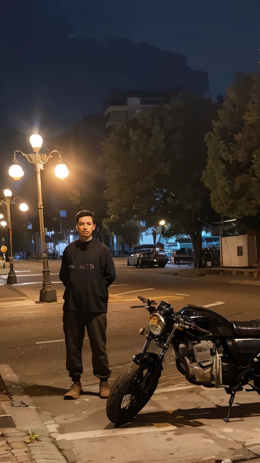 masterpiece, young man with his cafe racer stopped by at side street, under the street classic lamp