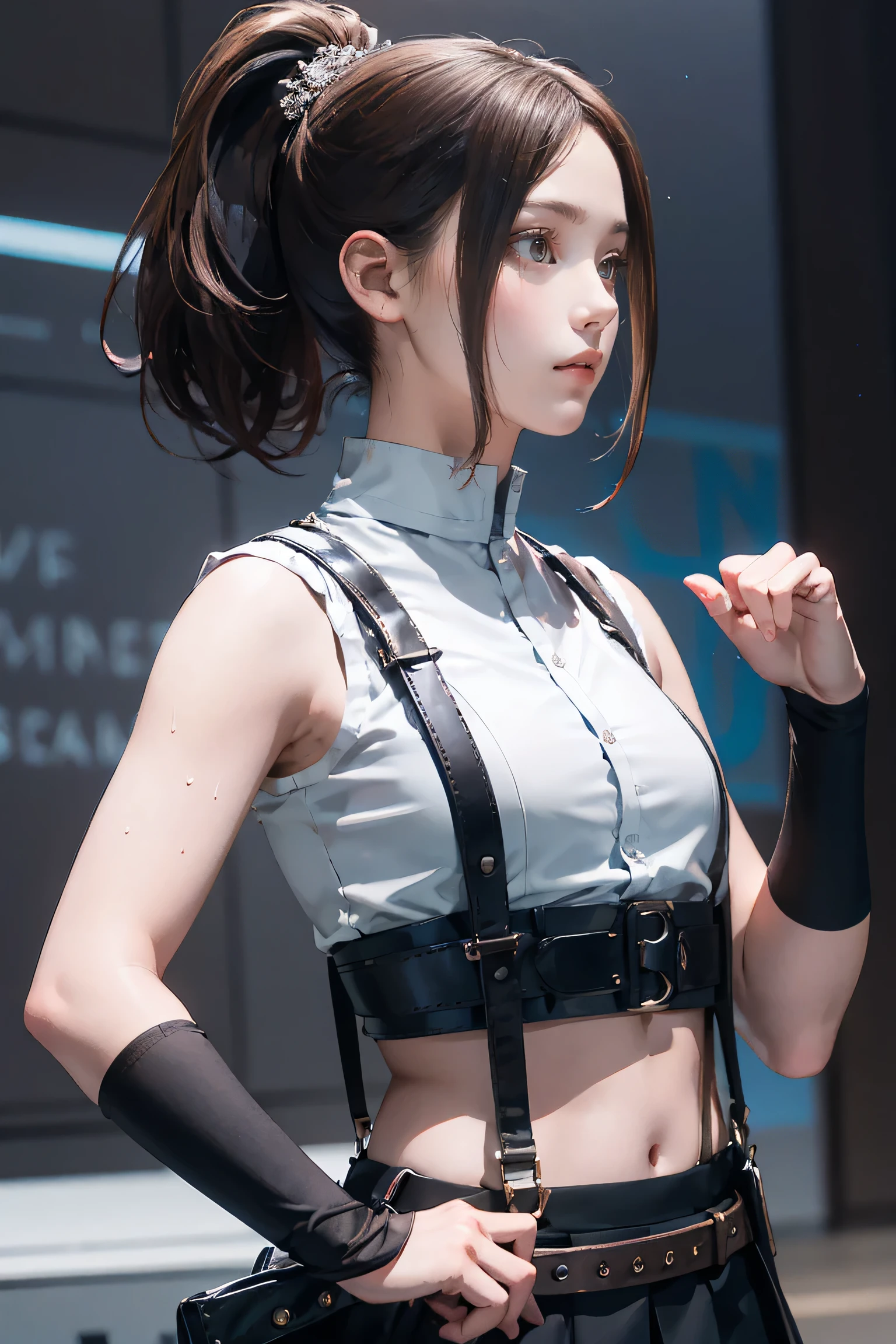 Black Skirt, suspenders, Brown hair Gray eyes, 脚にガーターbelt, Tight clothing, belt Armpit sweat Dark look Moderate bust holster beltチェーン hair ornaments ponytail