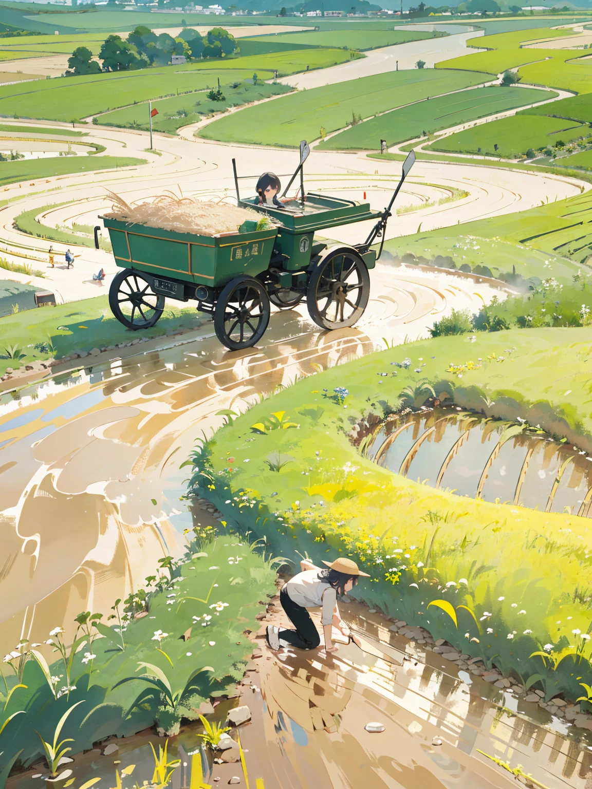 Threshing rice fields，Liqiu poster，Yellowish hue