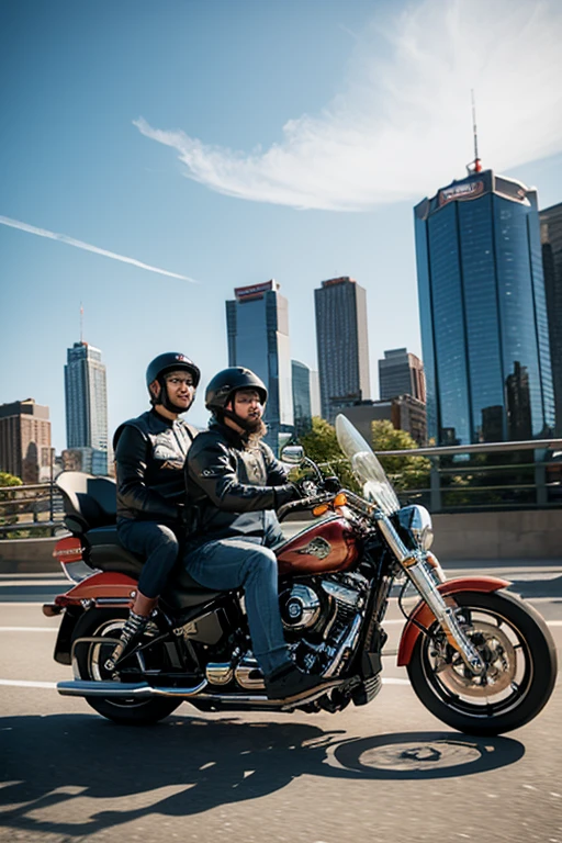 Draw a picture of two men riding a Harley Davidson motorbike against an urban background