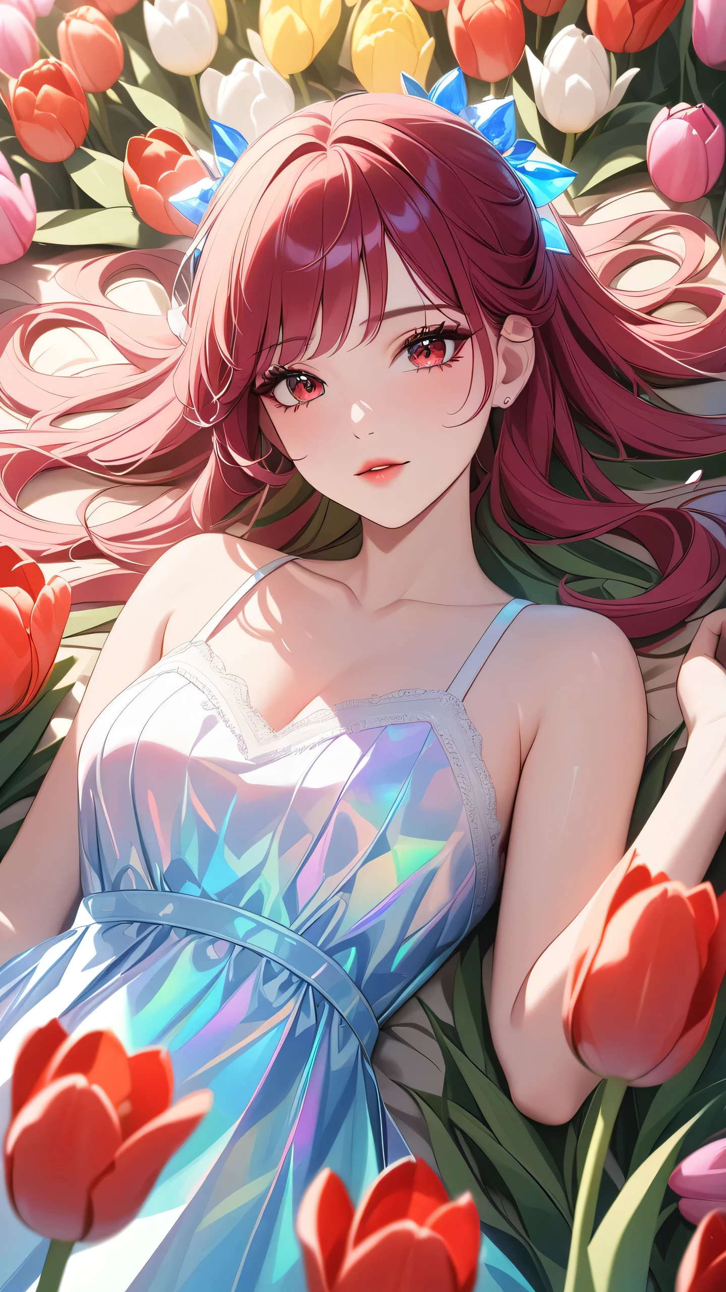 masterpiece, best quality:1.3, 1girl, sun dress,  tulips hair ornaments,laying on tulips garden, detailed face, red eyes, beautiful detailed lips, long eyelashes, delicate facial features, expressive face, detailed skin texture, natural lighting, vibrant colors, cinematic lighting, soft focus, prismatic, holographic,chromati caberration,