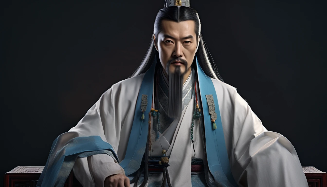Portrait of Zhuge Liang in traditional Chinese attire, with a wise and contemplative expression."