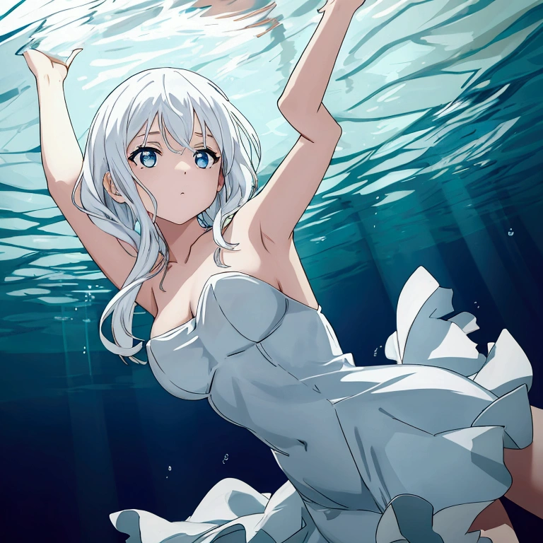 girl who is sinking underwater, laterally, she stretches her hand towards the water surface, White hair