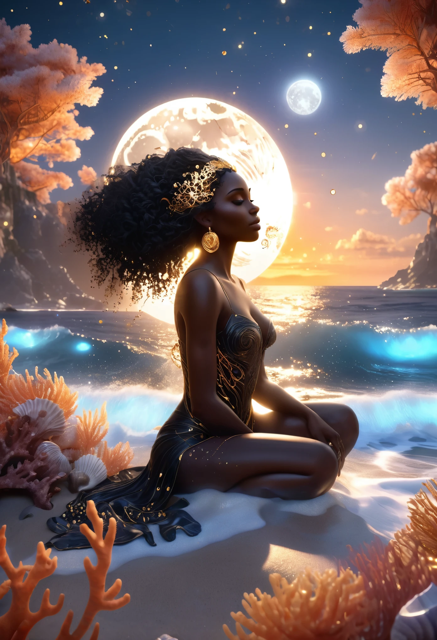 Line illustrations in shape of a black woman holding the moon with gold dots designing the glowing hair, flowing long hair made of twinkling stars, she's sitting at the ocean shore surrounded by glittering seashells and coral reefs, sunrise in the background colliding with the ocean wave, crafted using cutting-edge 3D modeling, Octane rendering, V-Ray, and Unreal Engine, evoking an otherworldly, cinematic atmosphere.