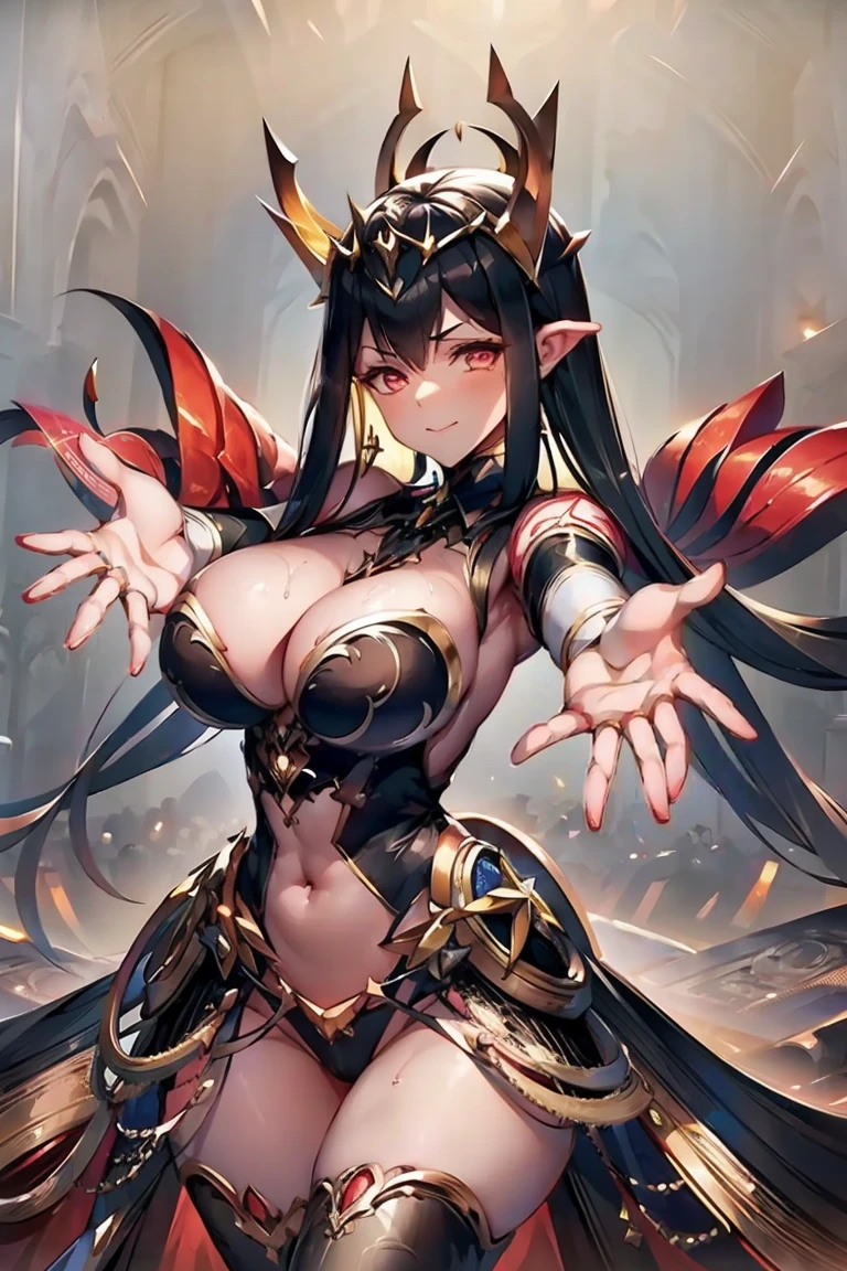 ((((((outstretched hands, out stretched fingers, outstretched arms)))))) black hair, bare shoulder, red eyes, very long hair, cleavage, large breasts, dress, showgirl skirt, high-leg, cleavage cutout, tiara, bare thighs, gauntlets, bare shoulder, bare nails, bare fingers, bare hands, good hands, best hands, Correctly aligned fingers, extremely detailed hands and fingers, ultra detailed hands and fingers, super detailed hands and fingers, perfect female hands and fingers, biologically accurate hands and fingers, (((4 fingers and 1 thumb accurate hands and fingers))), beautiful hands and fingers, hands and fingers drawing, human hand and fingers, perfect arrangement of fingers, detail focus hands, detail focus fingers, perfection hands, better hands, adult face, fearless face, (((both arms, two arms, both hands, two hands))), super fine illustration, masterpiece, masterwork, by famous artist, official art, ultra high res, best quality, high quality, Hand, detailed, perfect, perfection , hands, both hands is Thumb and index finger and middle finger and ring finger and little finger, even hands, panties, thighhighs, symmetrical bangs, gleaming skin, oil skin, shiny skin, wet skin, sweat, rouge, exquisite, beautiful, extremely detailed cg unity 8k wall paper, perfect face, ultra detailed beautiful face, perfect nose, perfect mouth, clear eyes, light eyes, perfect eyes, symmetrical eyes, even eyes, 16k portrait, absurdres, perfect body, perfect anatomy, perfect proportion, perfect arms, perfect torso, symmetrical hands, symmetrical arms, open arms for viewer, extremely detailed cg, beautiful artwork, production art, ultra quality, high quality, finely detailed, insanely detailed, absolutely resolution, raw photo, fantastic, amazing, beautiful portrait of cute anime girls, hdr, very aesthetic, cinematic, super detailed skin, top quality, intricate, professional quality, highly detailed, crisp quality, sharp focus, rich contrast, extremely high resolution, realistic hands,