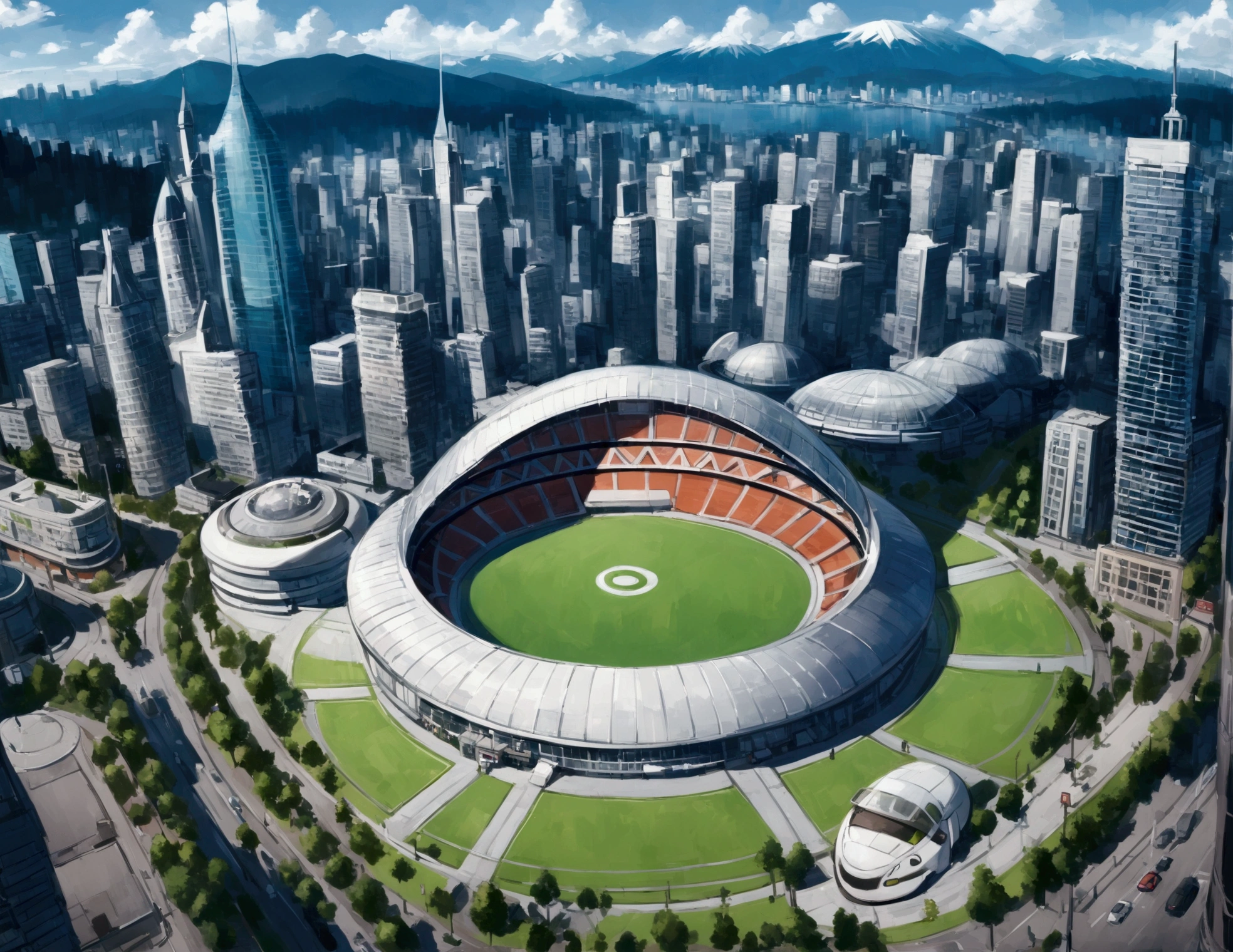 Vancouver Canada, Pokemon, Glass Buildings, Large Domed stadium with retractable roof, Pokemon Center, skyline of vancouver