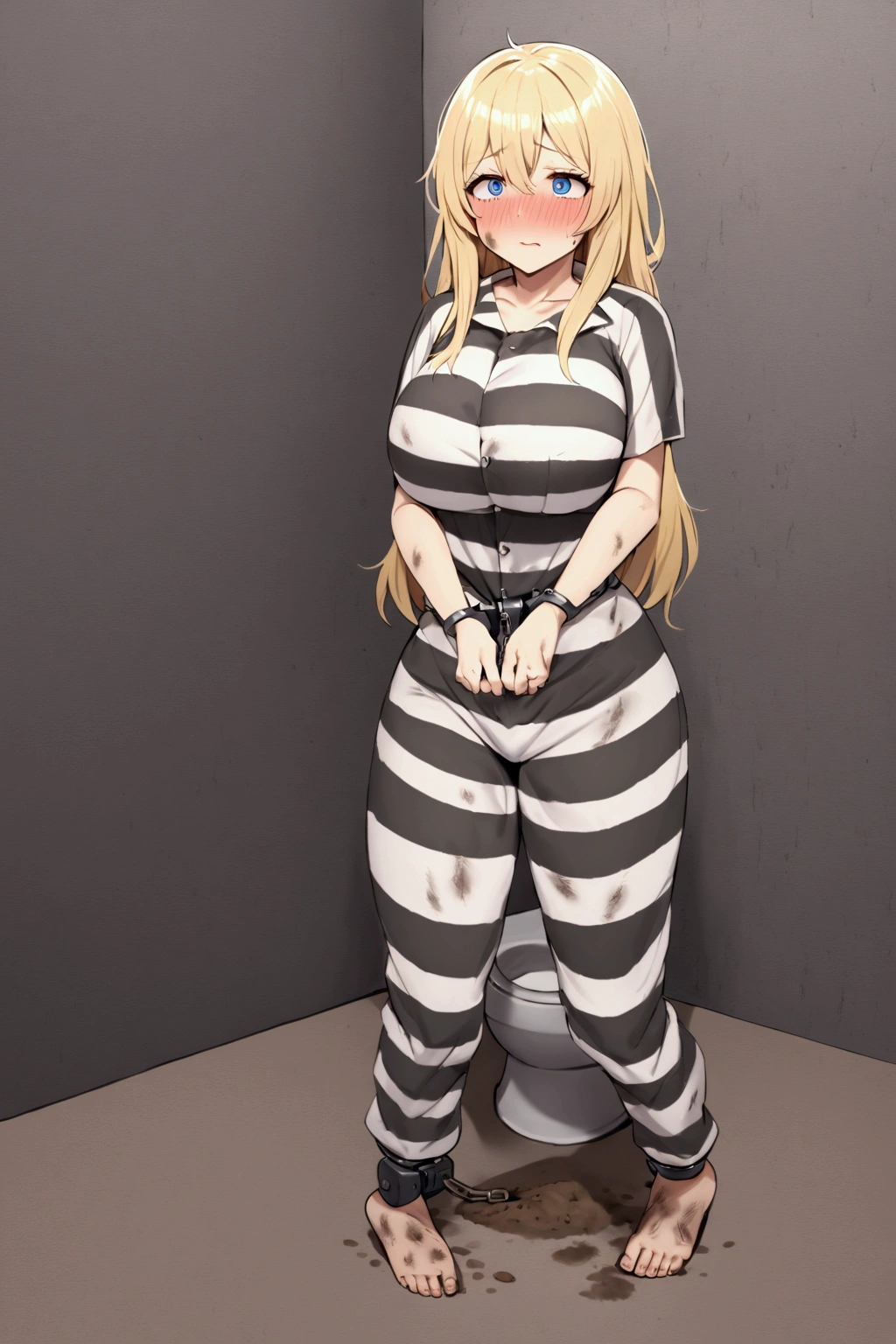 Huge breasts, Prisoner,blush,embarrassing, Girl in prison, Imprisonmentされた, Imprisonment, Black and white prison jumpsuit, Handcuffed,Hands in front of the body,Shackles, Suppressed, bondage, be interested, Solitary confinement, rock, Long blonde hair, blue eyes,（mud stains）,dirty face,（dirt on face）,dirty clothes,cleaning the toilet,dirty toilet bowl,brush the toilet bowl,hold a rag in hand,in prison,prison,iron grate,