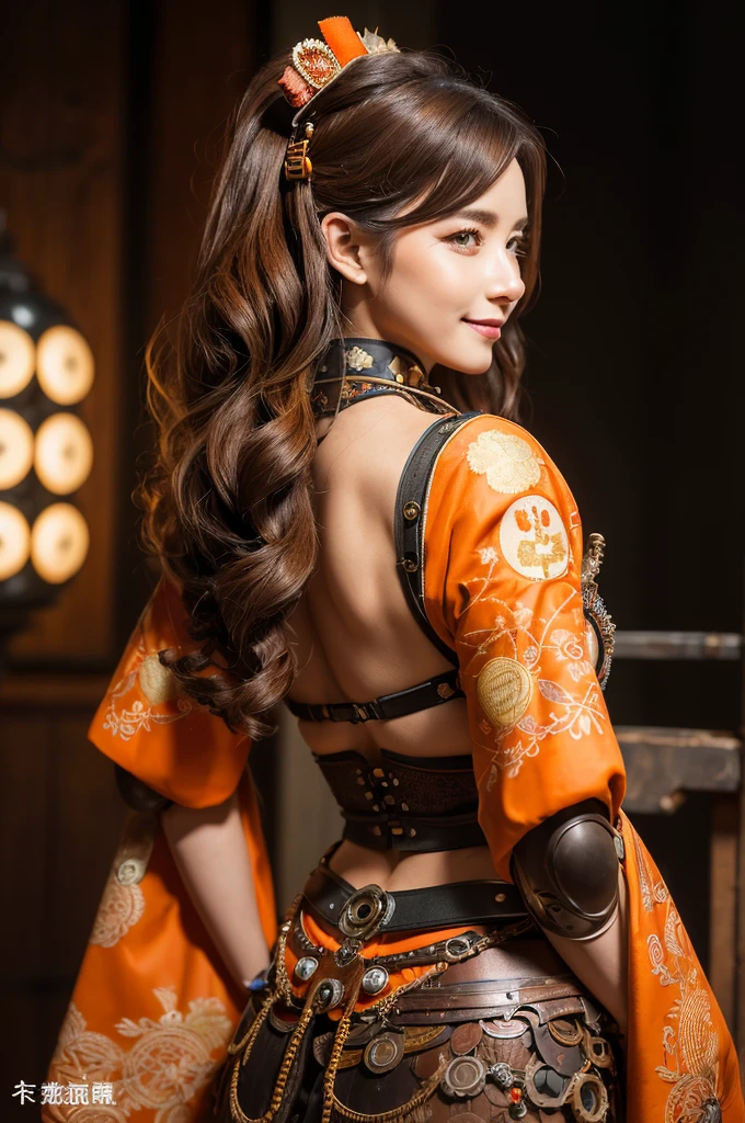Woman portrait、Highest quality、Rear view、8k, clear, Fine skin、Clear, beautiful eyes、The beauty of a smile、Bright beautiful face,whole body,Curly Hair、My hair was messed up by the wind、(Glamorous Muscle、tall),(Hip_superior, Hip superior), Mature Woman,( Watching the audience),Realistic, High resolution, Soft Light,1 female, One person, Perfect Style, Perfect balance,(Brown hair),,Fine Skin, Naughty look,((Kalocsa embroidery、Steampunk kimono)),(Sailor-style kimono with orange steampunk collar,白のスチームパンクのSteampunk kimono, High-tech Mecha,Beautiful steampunk cyborg woman on white,Steampunk Mecha Cyborg Girl,Steampunk orange insect kimono、hairclip,gloves、Luxurious obi,Lavish decoration、spikes,Beads,elbow gloves,Chastity belt),((arms behind back)),(bokeh),(studio lighting)
