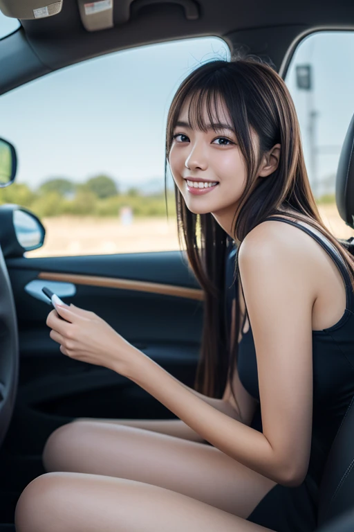 Top quality, Masterpiece, Super high res,(Photorealistic:1.4), Highly detailed, Professional lighting smile, Masterpiece, Top quality, Highly detailed, Octane rendering, Superior,(Japanese girl_woman:1.1), Japanese girl, Woman sitting in automobile, taking picture from distance, taking picture from distance, Uniform on upper body, Woman sitting in car, car door wide open, showing cunt from inside car, pubic hair black, legs spread wide, crouching, female genitalia exposed