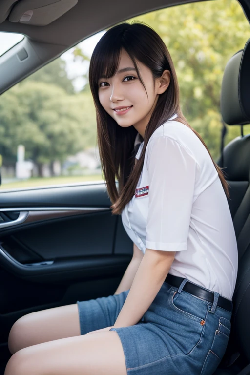Top quality, Masterpiece, Super high res,(Photorealistic:1.4), Highly detailed, Professional lighting smile, Masterpiece, Top quality, Highly detailed, Octane rendering, Superior,(Japanese girl_woman:1.1), Japanese girl, Woman sitting in automobile, taking picture from distance, taking picture from distance, Uniform on upper body, Woman sitting in car, car door wide open, showing cunt from inside car, pubic hair black, legs spread wide, crouching, female genitalia exposed