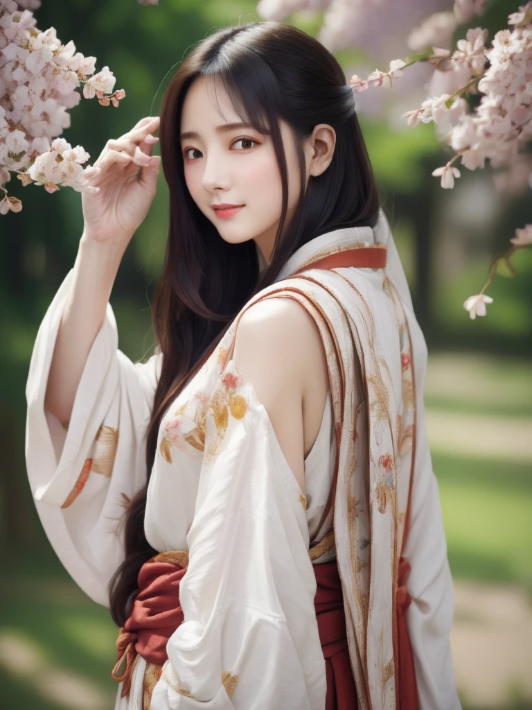 ((photorealistic:1.3)),((ultra detailed)),((sharp:1.5)),1girl, solo, cherry blossom, hanami, white flower, white flower, spring season, wisteria, petals, flower, plum blossoms, outdoors, falling petals, black eyes, from left side, white kimono, purple hairsumi,(hanfu), starlight hair,hair down,full body,((traditional chinese fan in the hand)),((left shoulder)),