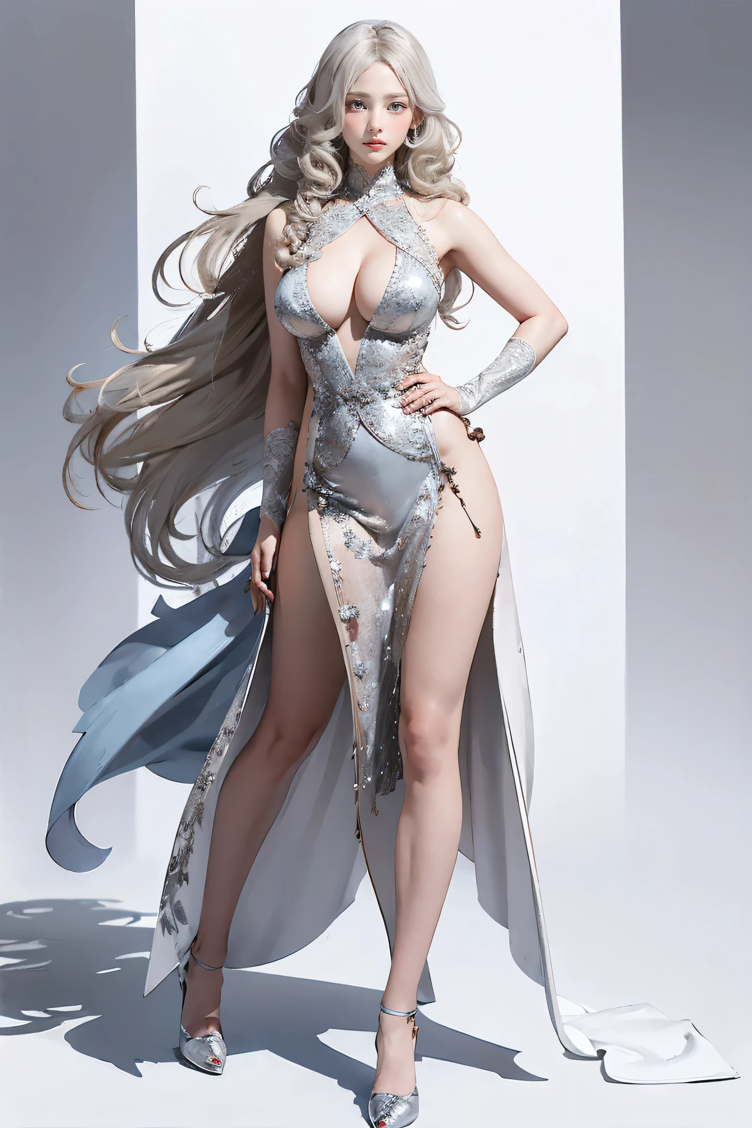 Masters of Animation, A perfect masterpiece, On a snow-white background、Cool Outfits, Sexy and modern clothing、Sexy mature modern woman standing, Flowing silver hair, Spanish Curly Hair, Full Body Stand Posture, Thin legs, ((Large Breasts)), Detailed facial details, Natural and beautiful standing posture, Crisp and realistic body detail,(Browsing Caution:0.9)