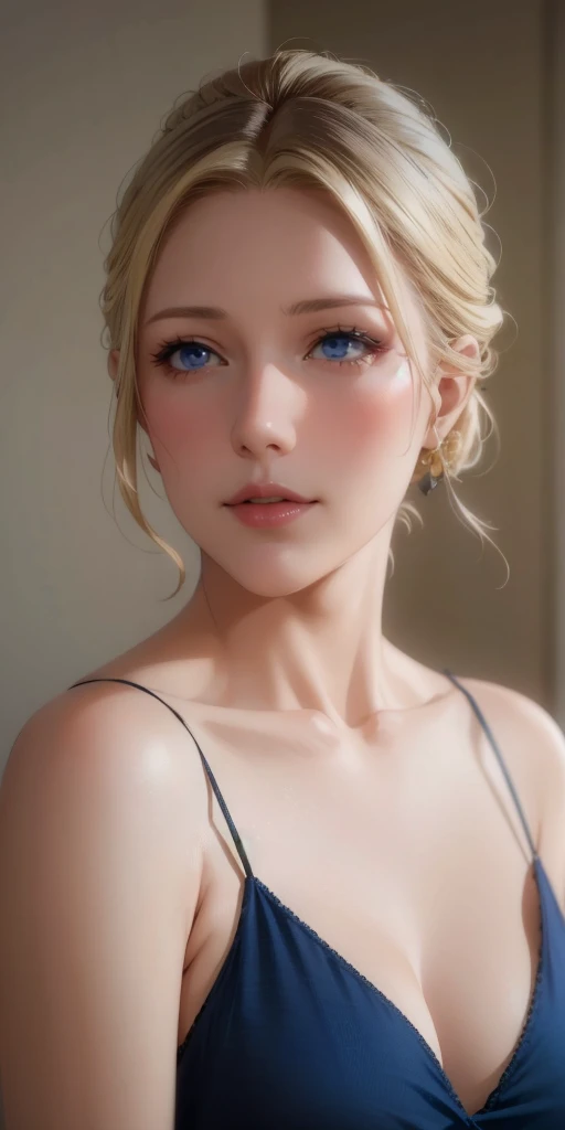 elegant mature woman, blonde, updo hair, blue eyes, soft light, 4k resolution, high detailed, high quality, beautiful cg