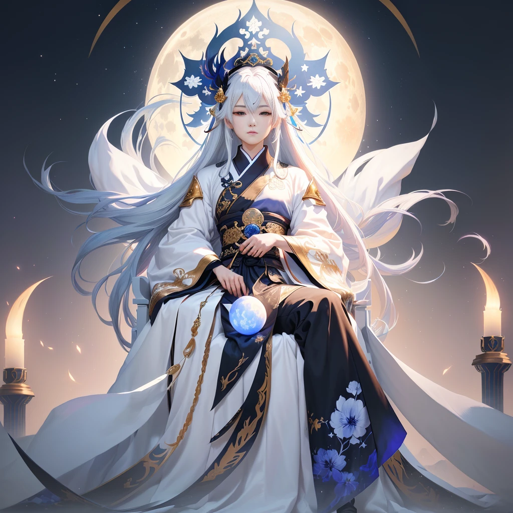 Alafud image display，A man sitting on a throne，The background is a round of moon, Luna, White-haired deity, wlop 和 ross tran, author：Yang J, Ross Tran 和 Bayard Wu, flowing white robe, ross tran 和 wlop, Peter Moore. Unreal Engine, Ross Tran and Michael Whelan, Onmyoji detailed art