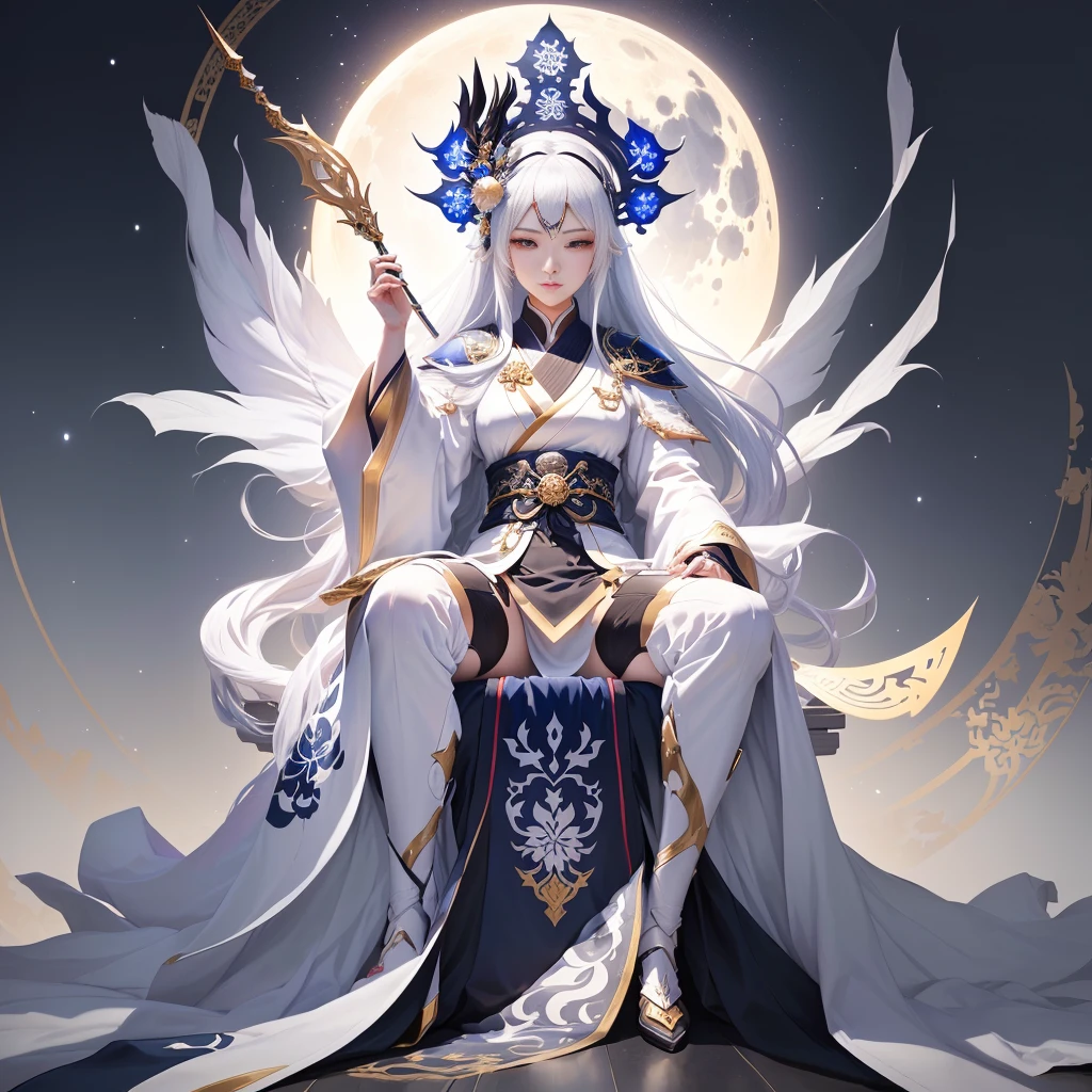 Alafud image display,A man sitting on a throne,The background is a round of moon, Luna, White-haired deity, wlop 和 ross tran, author:Yang J, Ross Tran 和 Bayard Wu, flowing white robe, ross tran 和 wlop, Peter Moore. Unreal Engine, Ross Tran and Michael Whelan, Onmyoji detailed art