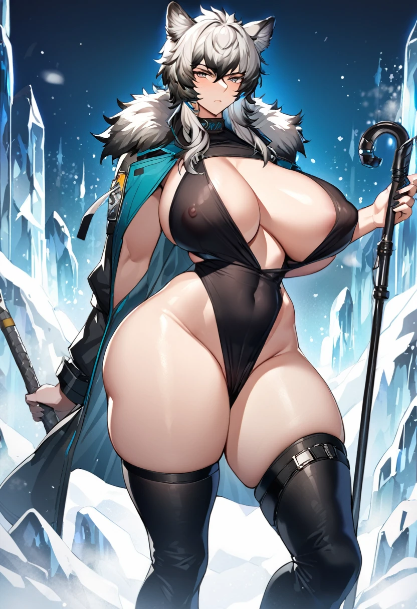 SilverAsh(Arknights),grey hair,animal ears,curvy body,wearing original clothes(half torn off), holding a cane, big breast,big thighs,icy background,midnight setting,very nsfw, uncensored.