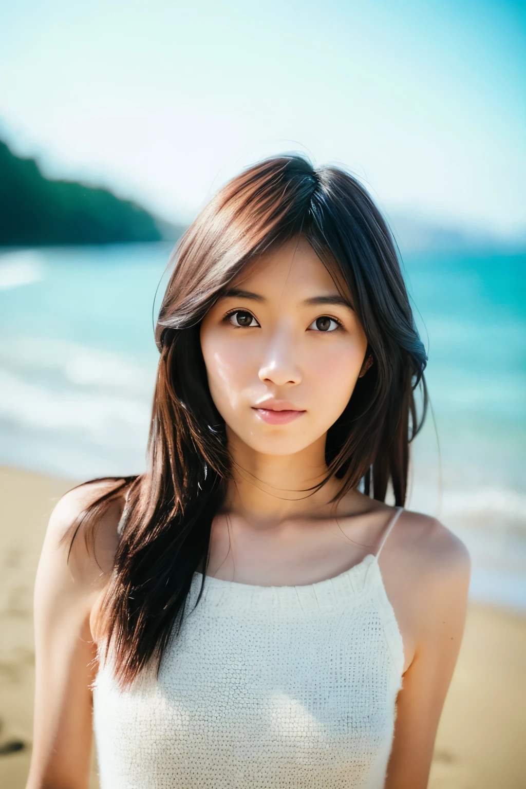 8k, highest quality, masterpiece, super high resolution, (realistic:1.4), RAW Photos, (Film Grain:1.3), One Girl, portrait of a skinny Japanese woman, 30 years old, standing on the beach, a cute face, detailed face, detailed eyes, {short|long} hair, correct body anatomy, photogravure