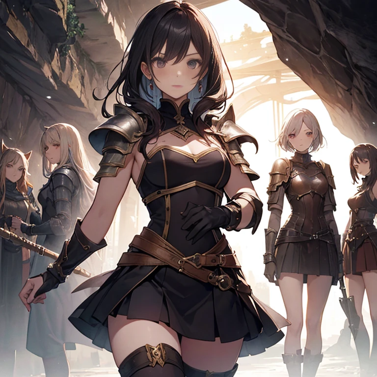 A group of female medieval fantasy adventurers, (in cave), various hair styles, harem, dark, details face, short skirt, seducing, sleeveless, armor