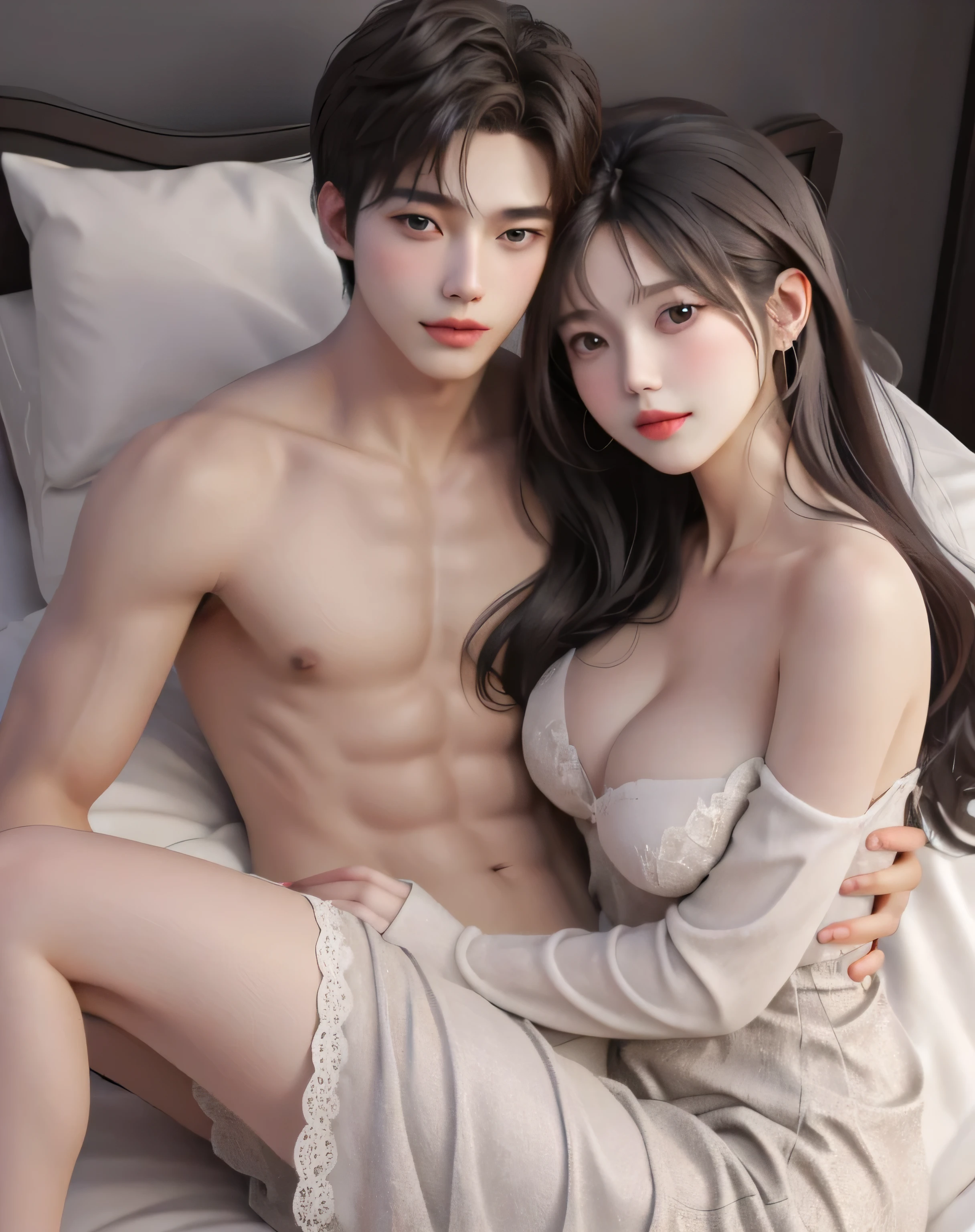 girl and boy, cuddle, boy cudding girl, Girl long brown hair, gray eyes, sharp features, white skin, cherry lips, naked, detailed breast, naked, sex position, sex