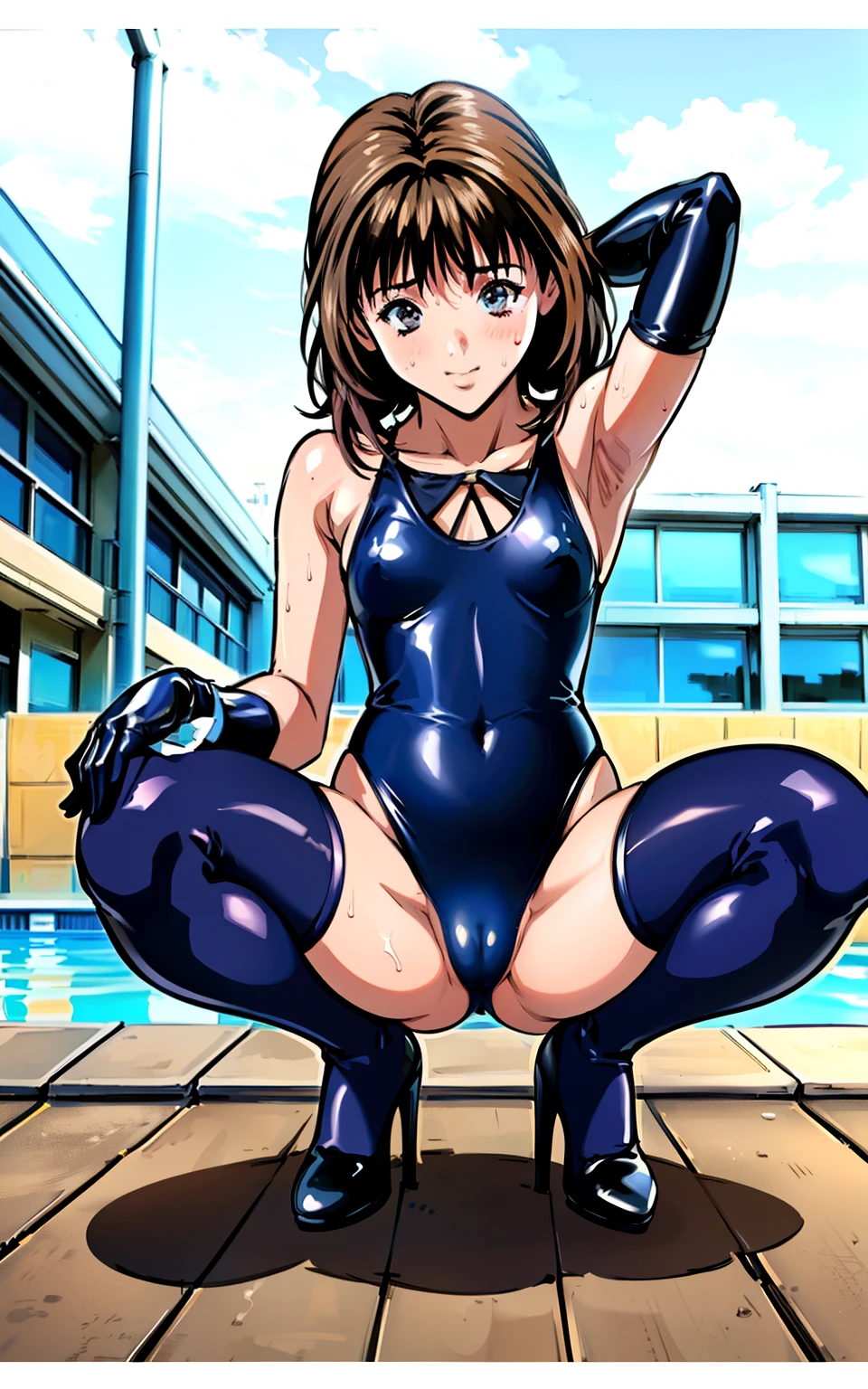 ((Outdoor Poolside at School)), (ハイレグ), (((Arms behind head))), ((Show off your armpits))、(camel toe:1.4)、(((long gloves:1.3)))、black thighhigh boots、((Stiletto heels))、black calf length socks、Open your thighs wide to the left and right、squat on the ground、show off your crotch to the viewer, ((black latex old school swimwear:1.3、sit, spread your legs:1.3, arm behind head ))、、absurdists、bob hayne hair、flat lighting、elevation angle、sexy pose、highest quality、complex、surreal、perspective, very detailed, detailed background, shape、1 girl、alone、small breasts, Embarrassing, blush, (Sweat),