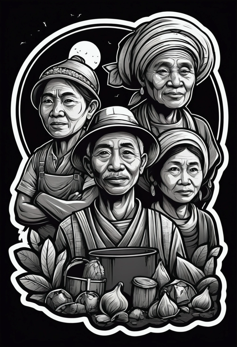 /imagine prompt: Illustration of villagers with sticker on black background,villages， Bold outline style, Jagged edges, Garbage core, Light and shadow --V 5.2