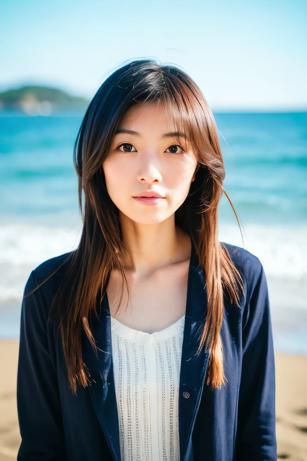 8k, highest quality, masterpiece, super high resolution, (realistic:1.4), RAW Photos, (Film Grain:1.3), One Girl, portrait of a skinny Japanese woman, 30 years old, standing on the beach, a cute face, detailed face, detailed eyes, {short|long} hair, correct body anatomy, photogravure