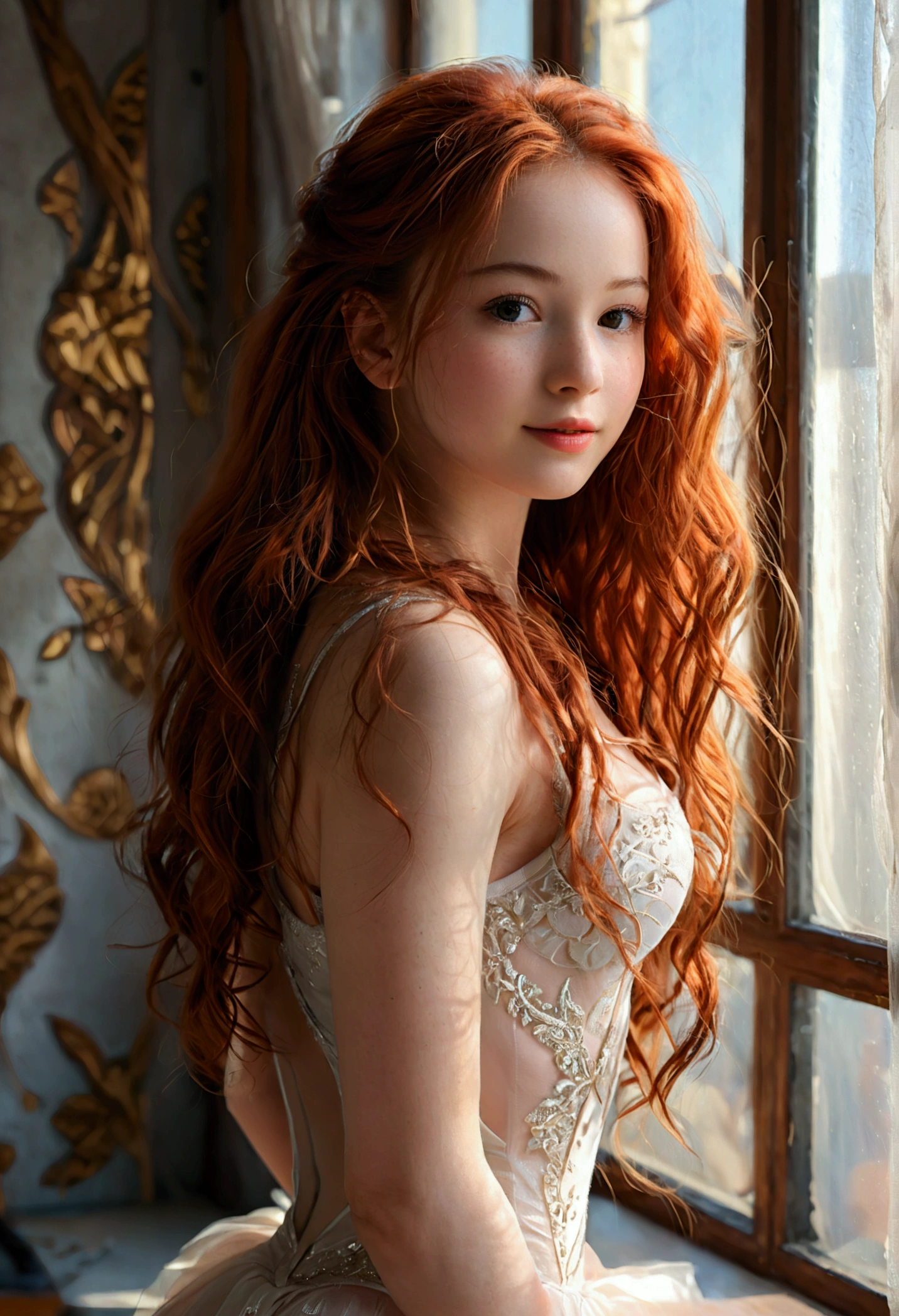 (full body shot:1) photorealistic image of a (standing pose:1) woman, ultrarealistic, photography, long red hair, woman, 24 years old, hourglass figure, perfect body, Flirty look, natural medium breasts, blur background, (RAW Photos:1.2), (photoGenuineistic), ( Genuine: 1.4), (Pieces fly),  Highest quality, Ultra-high resolution, Original photo, Amazing beautiful body, Great beauty、A shy smile、Soft Light, ballet leotard practice)、(Wearing white tights、Real tights)、Ballet shoes, Ballet Lessons、Standing by the window、A shy smile、RAW Photos, (8K、Highest quality、masterpiece:1.2)、(Intricate details:1.4)、(Photorealistic:1.4)、Octane Rendering、Highly detailed and intricate 3D rendering, Soft Light in the studio, Rim Light, Crisp details, Super detailed, Realistic skin texture, Detailed aspect, Beautiful attention to detail, Highly detailed CG Unity 16k wallpaper, Compensate, (Detailed Background:1.2), Shiny skin、looking back, full body, full body picture, full body shot, wide angle, wide angle picture, wide angle shot