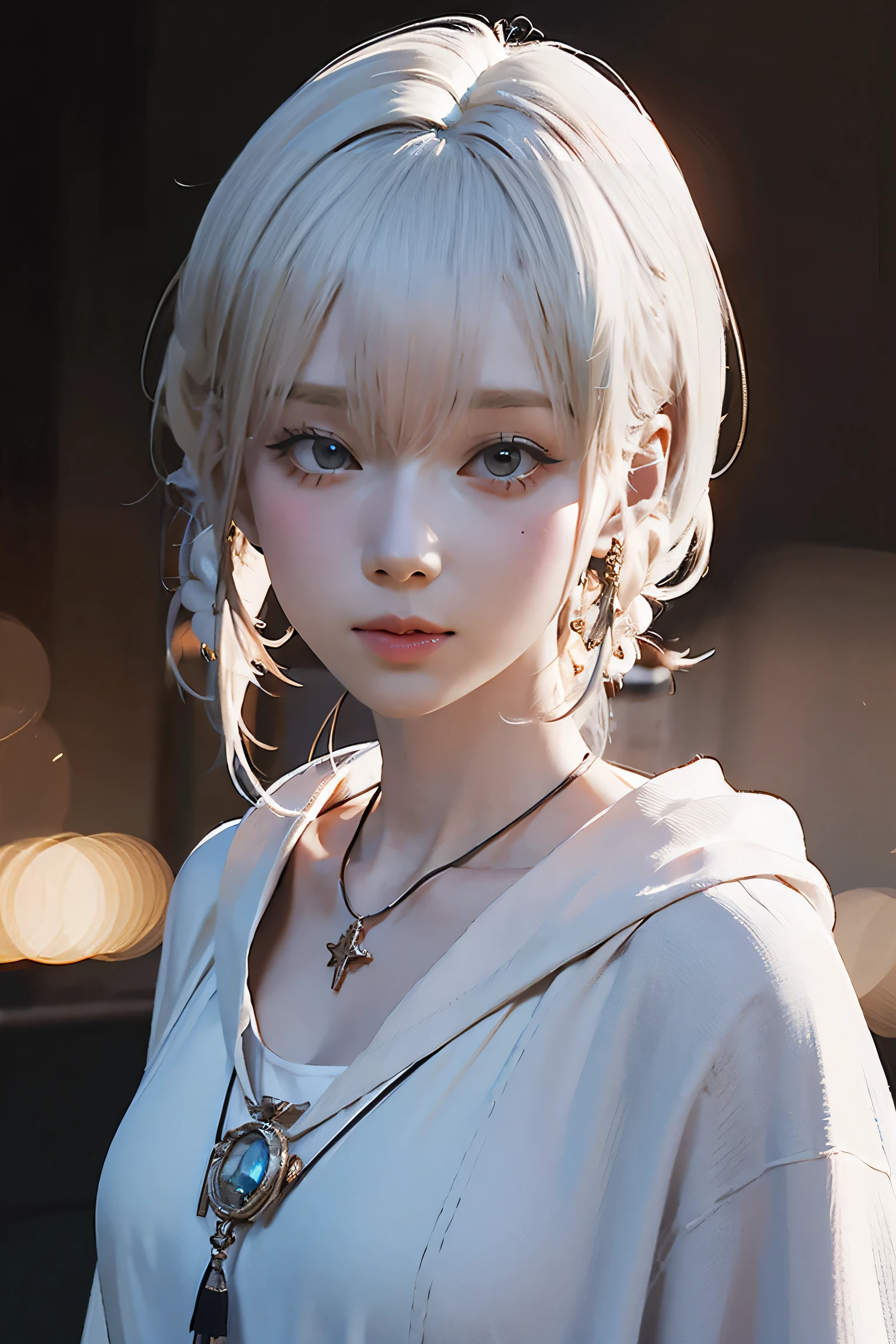 Close-up of a woman with tattoos on her chest, girl, Short white hair with bangs, Black strands of hair, Purple eyes, White T-shirt and white cape, Pendant around the neck. 超High resolution.Photorealistic. 超High resolution.Photorealistic:1.4,超High resolution. Realistic，High resolutionで, masterpiece, Highest quality, Very detailed, Better Shadows, Volumetric lighting), super high quality, High resolution, 8k, Ultra-Realistic Portraits , Photorealistic, Dynamic Lighting, Volumetric lighting, Very detailed顔,(NSFW:0.8)