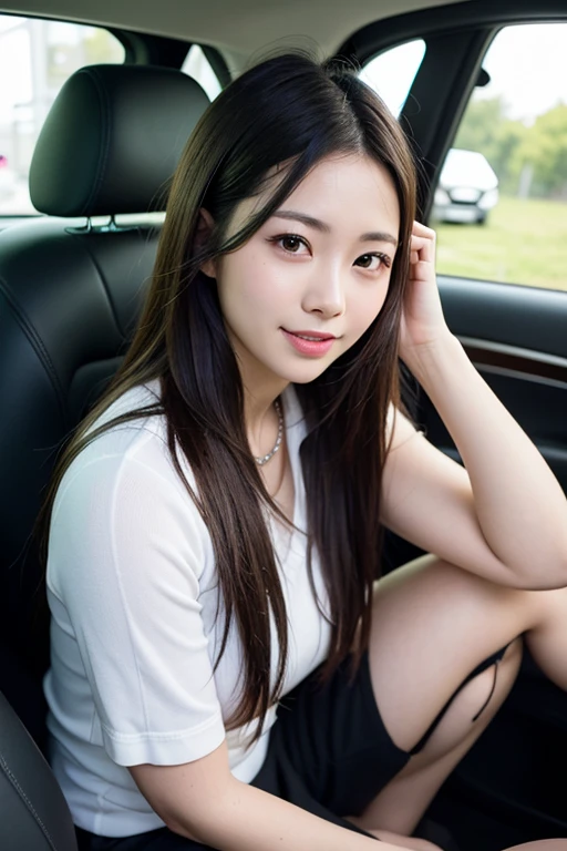 Top quality, Masterpiece, Super high res,(Photorealistic:1.4), Highly detailed, Professional lighting smile, Masterpiece, Top quality, Highly detailed, Octane rendering, Superior,(Japanese girl_woman:1.1), Japanese girl, Woman sitting in automobile, taking picture from distance, taking picture from distance, Uniform on upper body, Woman sitting in car, car door wide open, showing cunt from inside car, pubic hair black, legs spread wide, crouching, female genitalia exposed