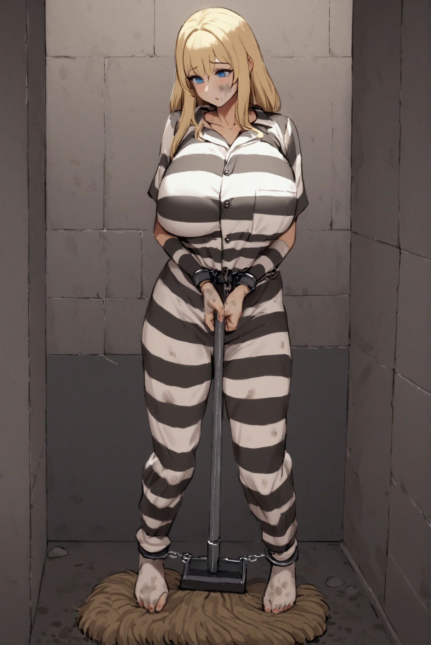 Huge breasts, Prisoner, Girl in prison, Imprisonment, Imprisonment, Black and white prison jumpsuit, Handcuffed,Shackles, Suppressed, bondage, be interested, Solitary confinement, rock, Long blonde hair, blue eyes,（mud stains）,dirty face,（dirt on face）,dirty clothes,mop, holding mop,indoors,dirt, mopping floors,mop_bucket,