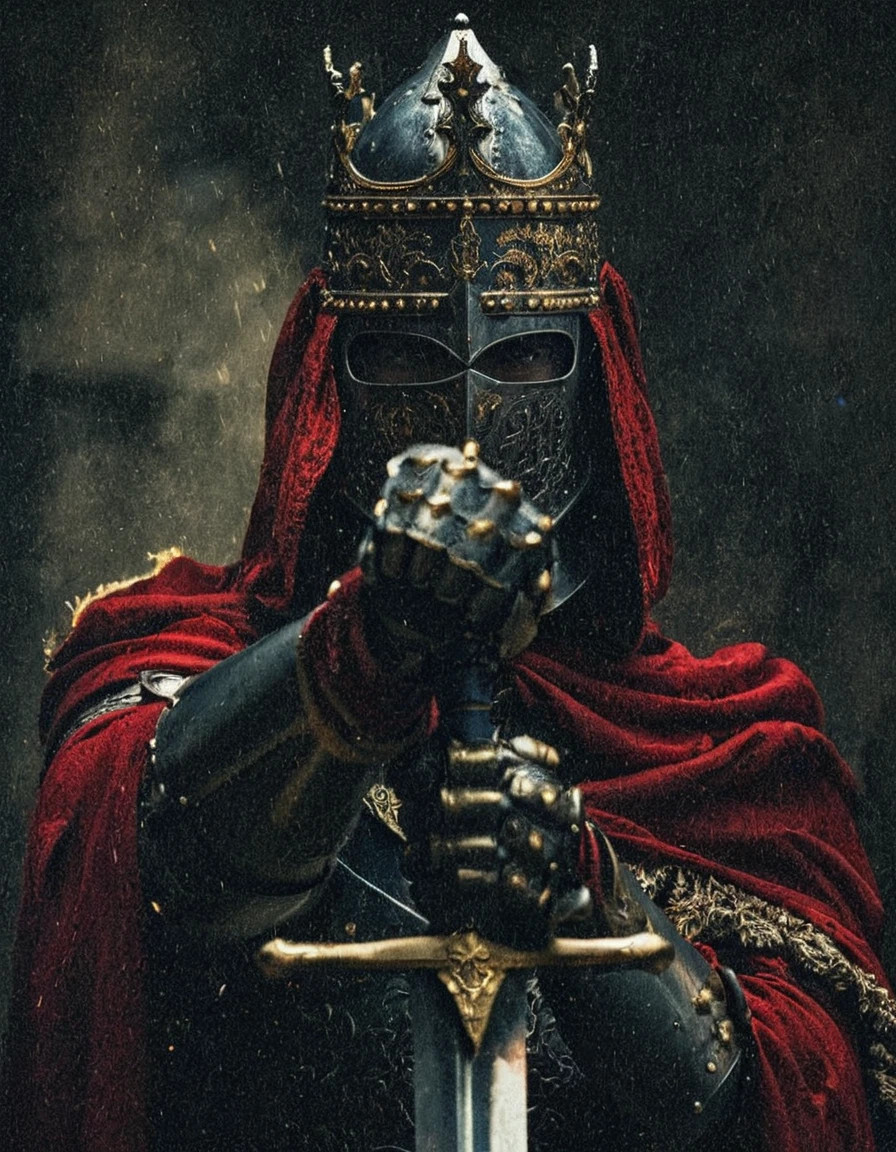 Create an image of a medieval knight, dressed in ornate armor and an intricate golden crown. The knight must be wearing a helmet complete with a visor that covers the face. He wears a red cape rich in details, adorned with golden embroidery. The knight holds a two-handed sword in an imposing stance, transmitting power and determination. The background should be dark and mysterious, with dramatic lighting that highlights the details of the armor and cape. The scene should evoke a feeling of authority and respect, as if the knight is ready to lead in an epic battle
