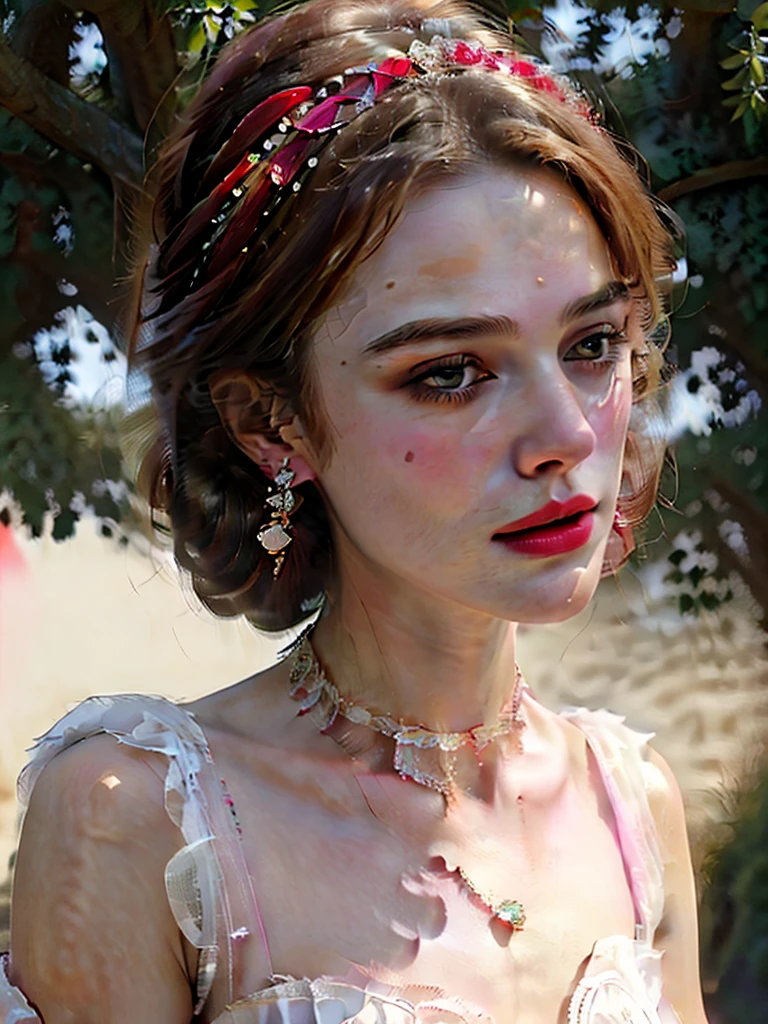 (best quality, 4k, 8k, high res, masterpiece:1.2), ultra-detailed, (photo-realistic:1.37), ((best quality)), ((masterpiece)), (detailed), ((pretty 25-year-old keira knightley as a refined little lady from the Elizabethan era standing in a lavish stately garden in brilliant sunshine)), ((enigmatic smile)), perfect eyes, ((beautiful high gloss shiny oiled skin)), ((Spectacular deep purple satin and white lace Elizabethan gown)), ((Elizabethan era hair and make-up)), ((blushed red cheeks)), ((light red lips)), ((full-length body)), ((vibrant colours)), from the side, big breasts,very long eyelashes0,pink shiny lipgloss ,long diamond  earrings,  diamond collar