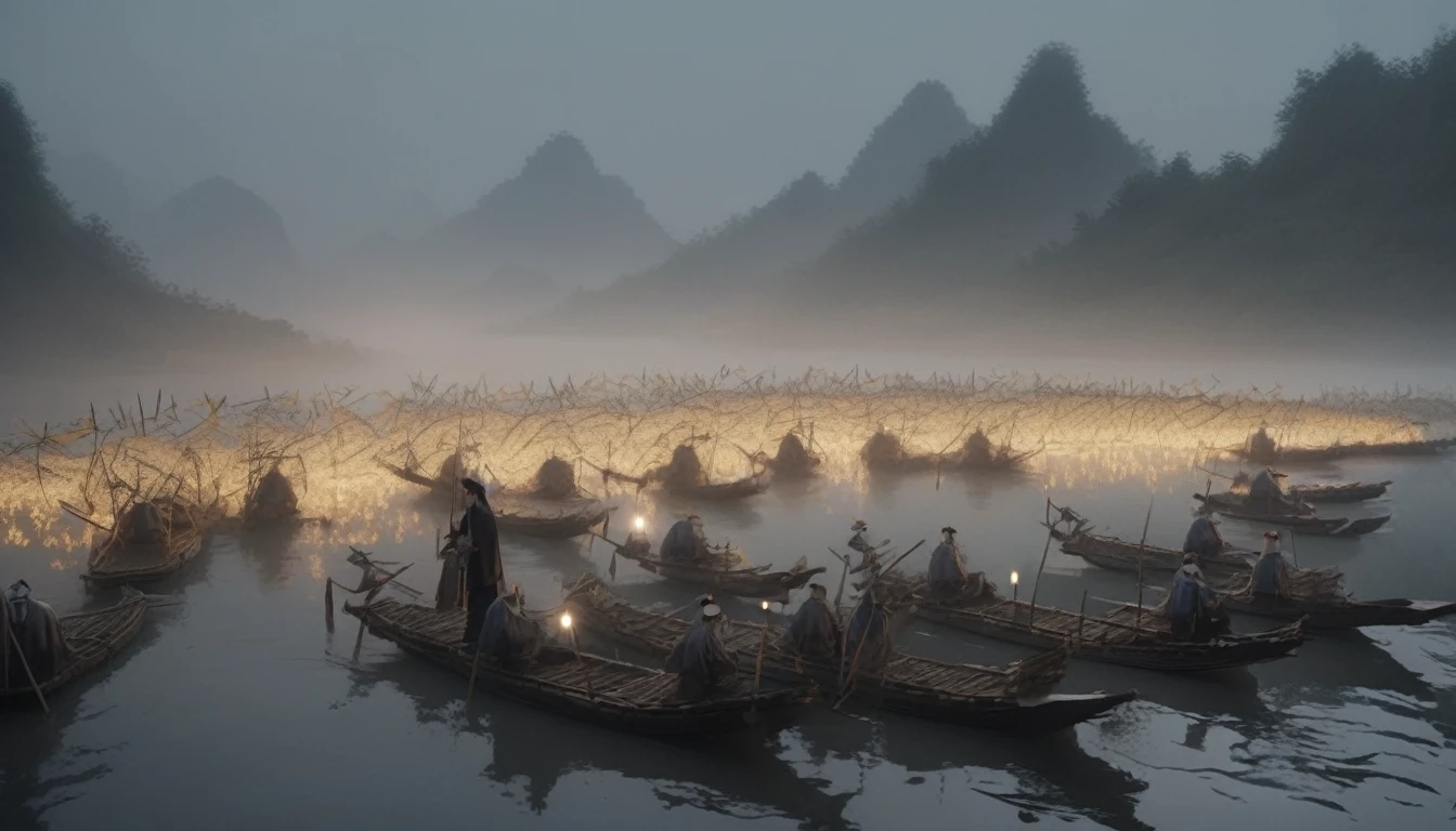Zhuge Liang directing straw boats covered in arrows during a foggy night on a river."