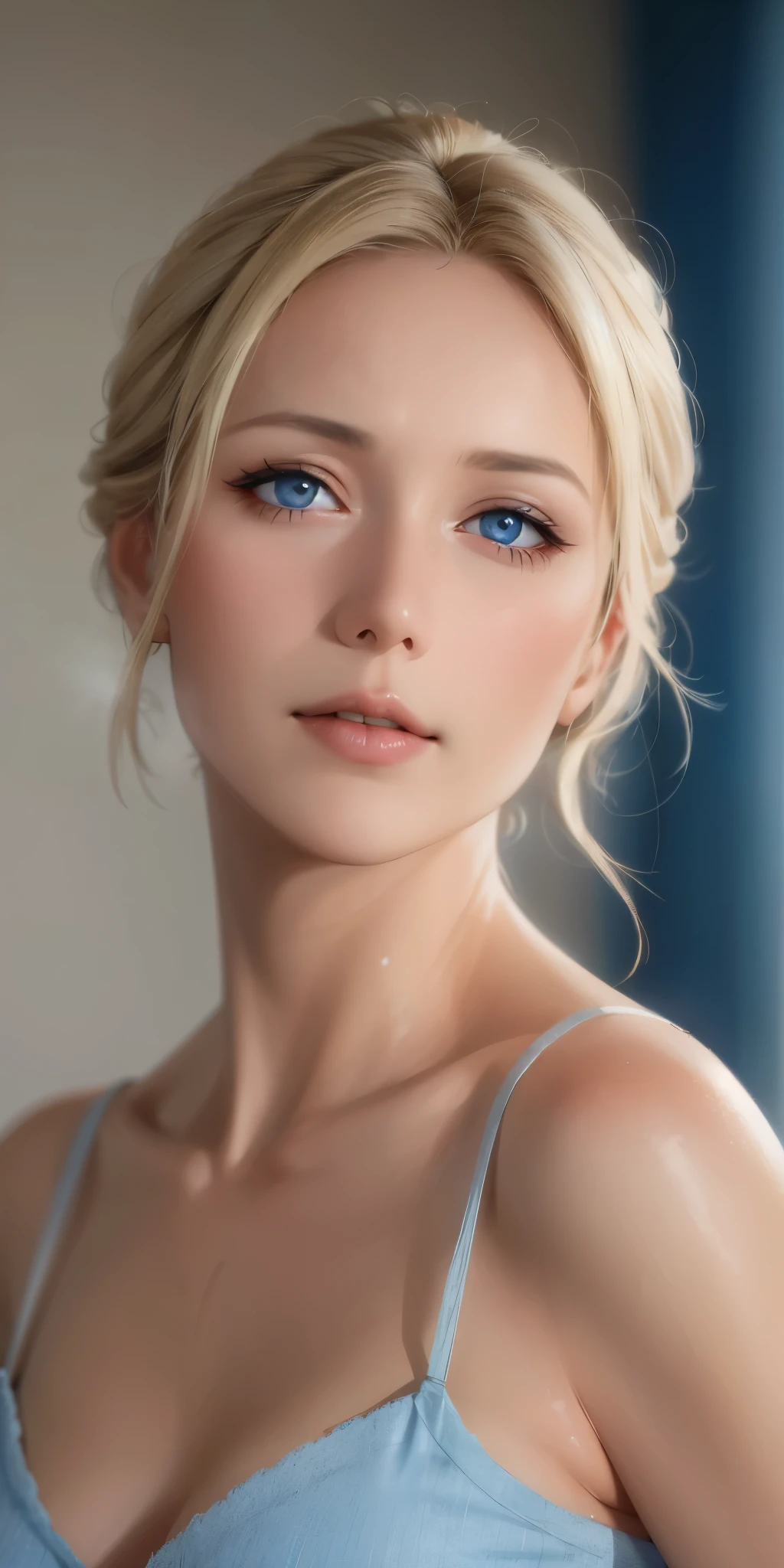 elegant mature woman, blonde, updo hair, blue eyes, soft light, 4k resolution, high detailed, high quality, beautiful cg