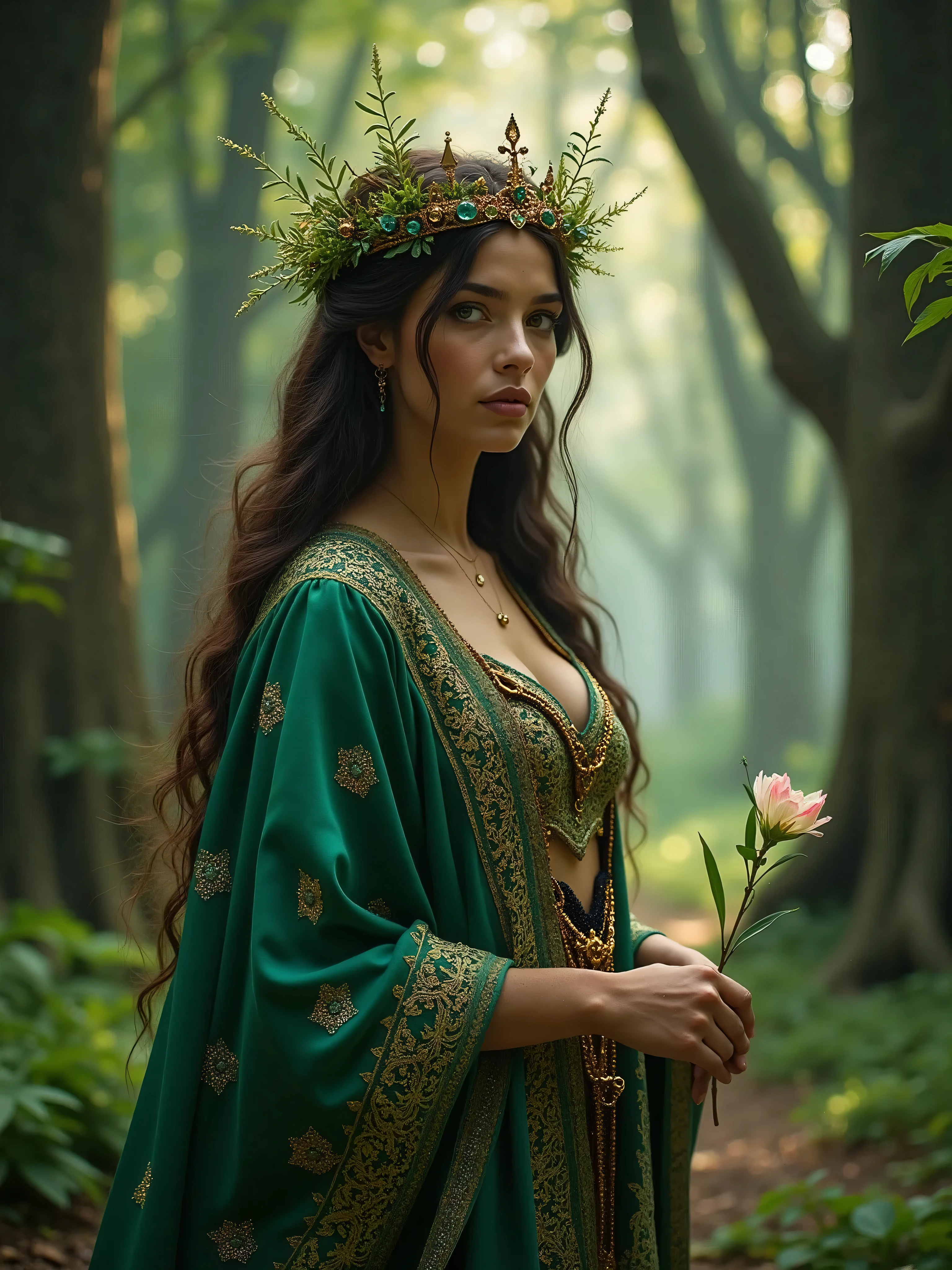 The goddess of the secret forest： In a mysterious forest，Goddess girl wearing gorgeous robe，Wearing a crown on the head，Eyes reveal wisdom and mystery。She is standing in the middle of the forest，Surrounded by green trees，Full of mysterious atmosphere，The whole scene is full of magic and fantasy。