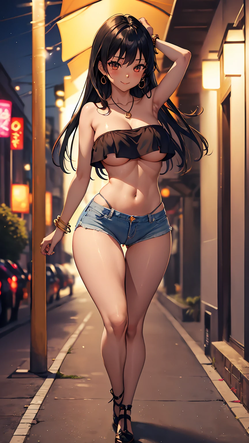 1girl, anime girl, anime, (dark skin), bracelet, necklace, earrings, 2d girl, 18y, (fullbody), anime girl, seductive smile, (black hair), flowing hair, hair flowing in the wind, ((tube top,strapless)), ((underboob view)), cleavage, Solo, Slim, Big Breasts, Tight Shorts, low waist shorts, upshorts, outdoors, night background, flowers, looking at viewer, darker shadows, (((explicit))), (((short,shorts))), (((absurdres))), (((thigh gap))), (((NSFW))), (((cameltoe))), (((lowleg shorts))), (((sexy))), (((sensual))), (((cameltoe,Detailed description vagina))), (((Tube Top))), (((Strapless)))